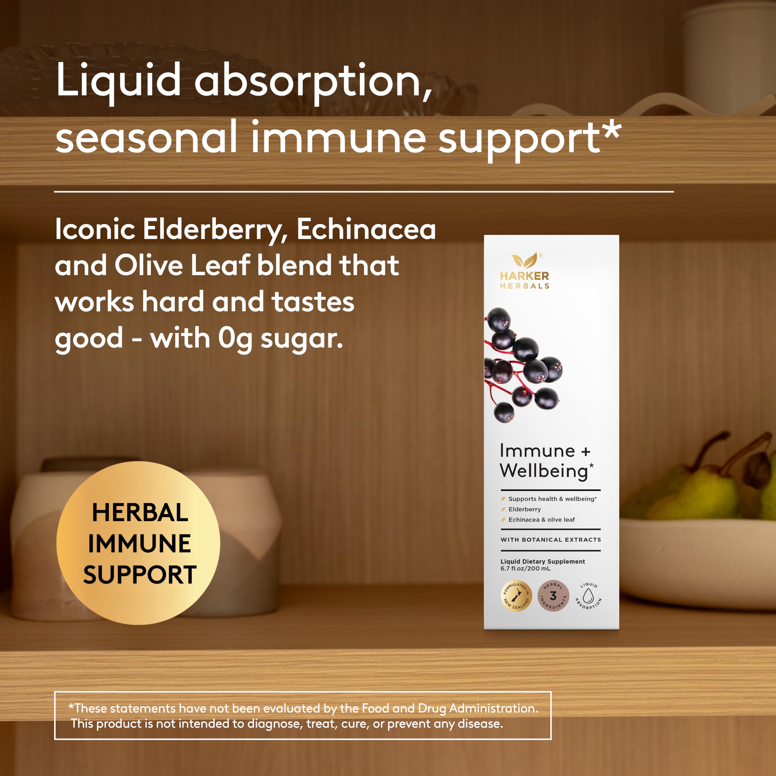 Ingredient highlights: elderberry, echinacea, olive leaf on packaging