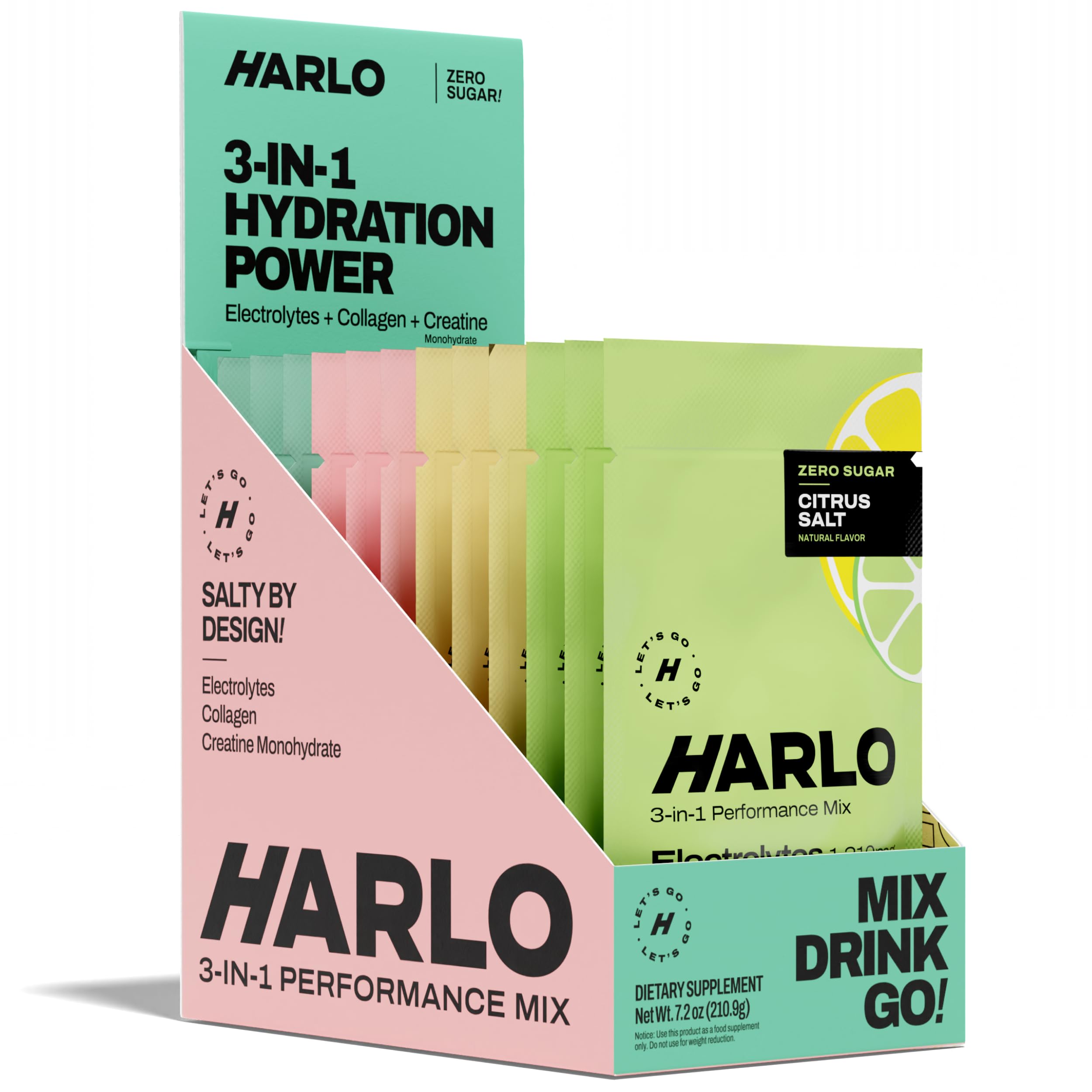 Harlo variety 12-pack electrolyte mix shown for on-the-go hydration and performance support