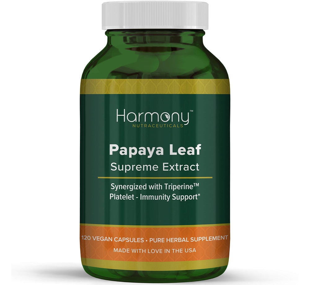 Bottle of Harmony Nutraceuticals Papaya Leaf Supreme Extract 120 vegan capsules