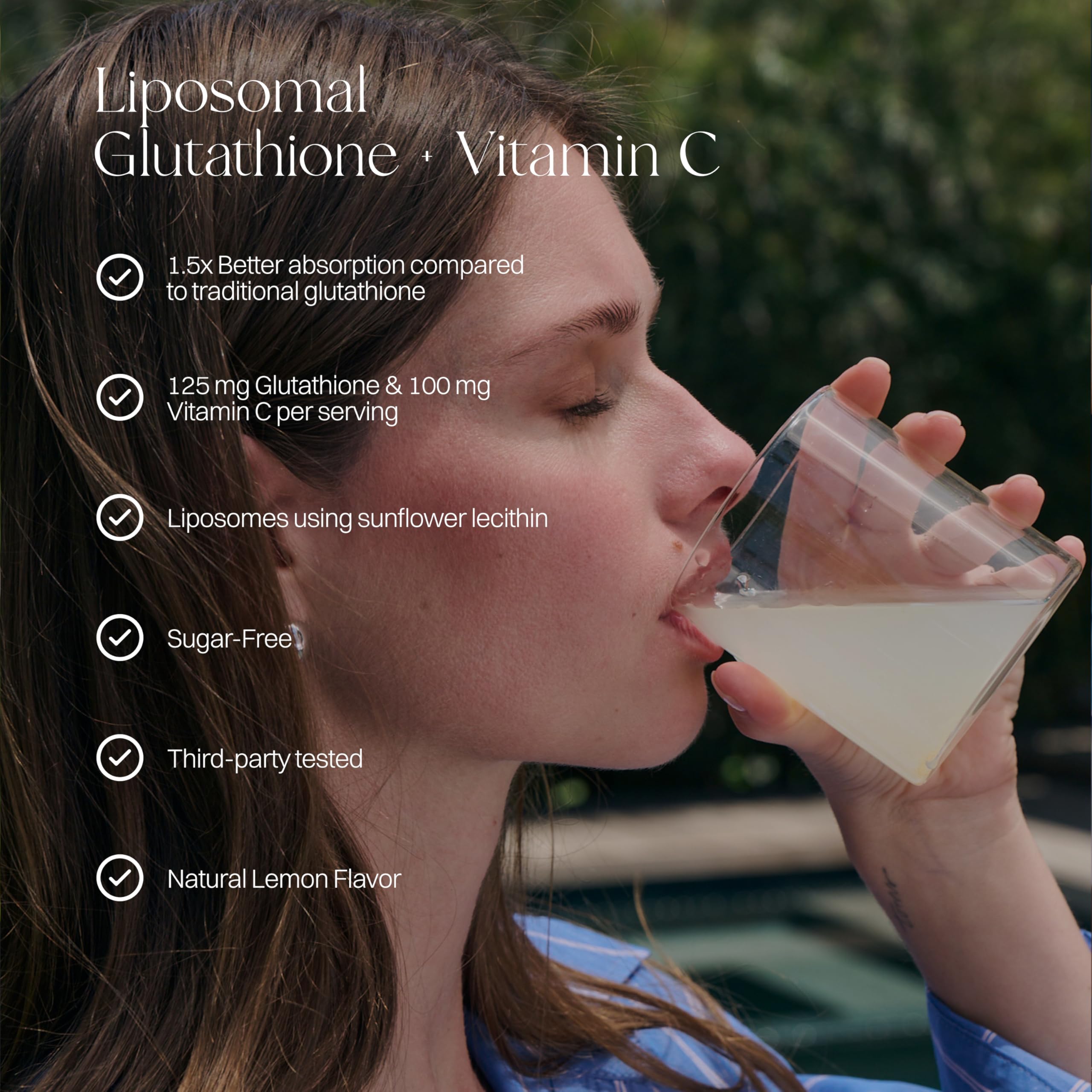 Packet shows 125mg L-glutathione and 100mg Vitamin C with lemon flavor