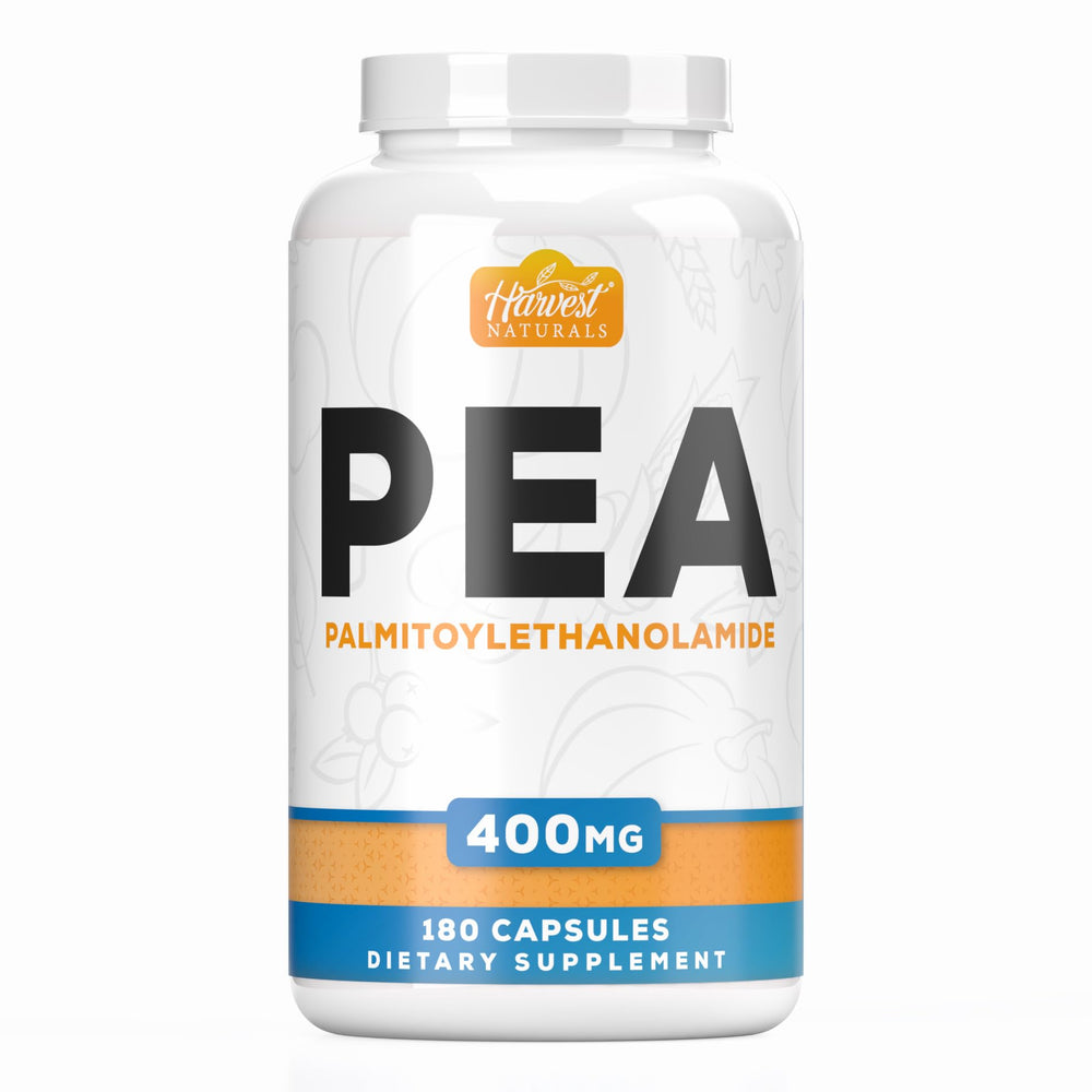 Front view of Harvest Naturals Palmitoylethanolamide 400 mg capsules bottle