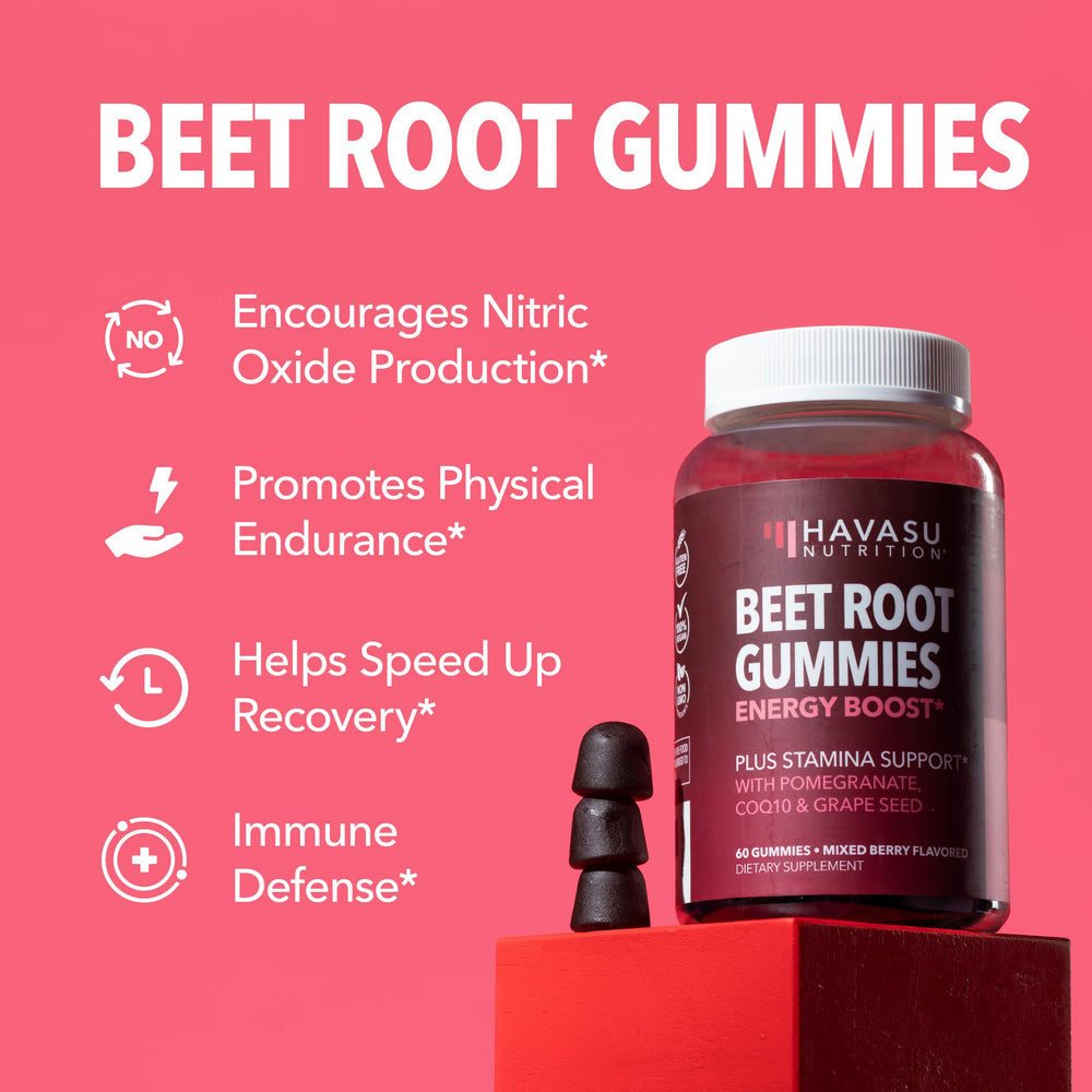 HAVASU NUTRITION Beet Root Gummies mixed berry flavor on label promotes daily use