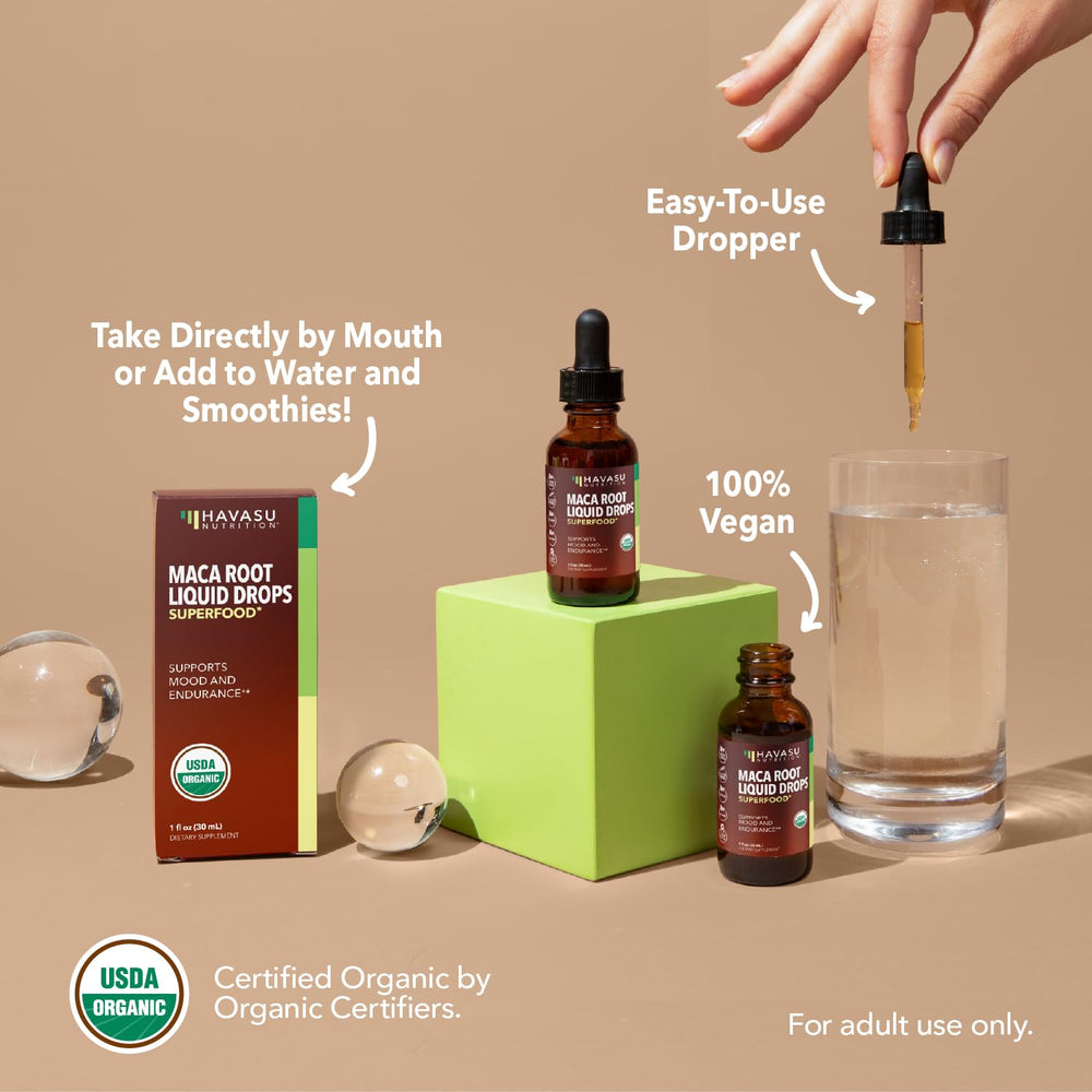 HAVASU NUTRITION Maca Root Liquid Drops amber bottle on shelf for convenient daily use.