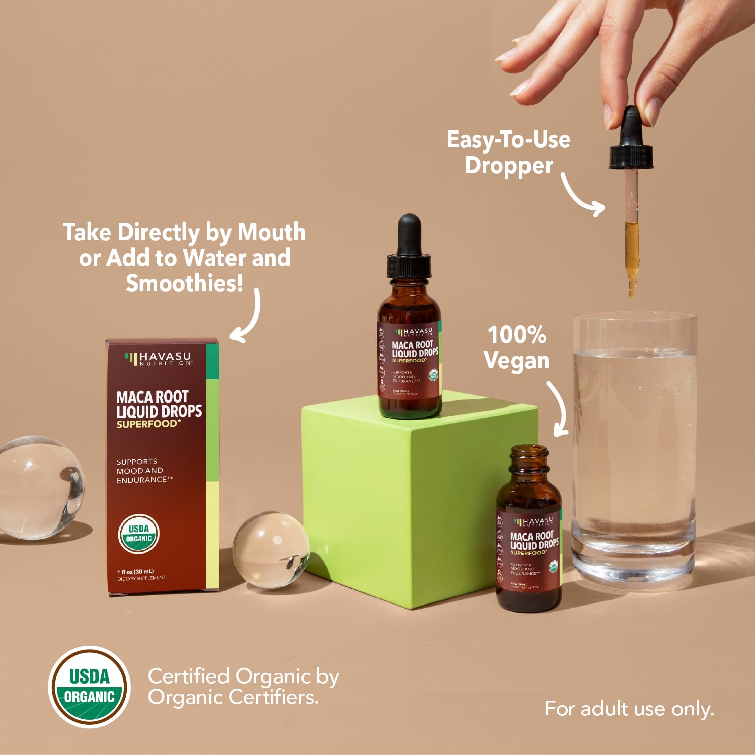 HAVASU NUTRITION Maca Root Liquid Drops amber bottle on shelf for convenient daily use.