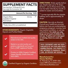 HAVASU NUTRITION Maca Root Liquid Drops dropper for precise mood and energy dosing.
