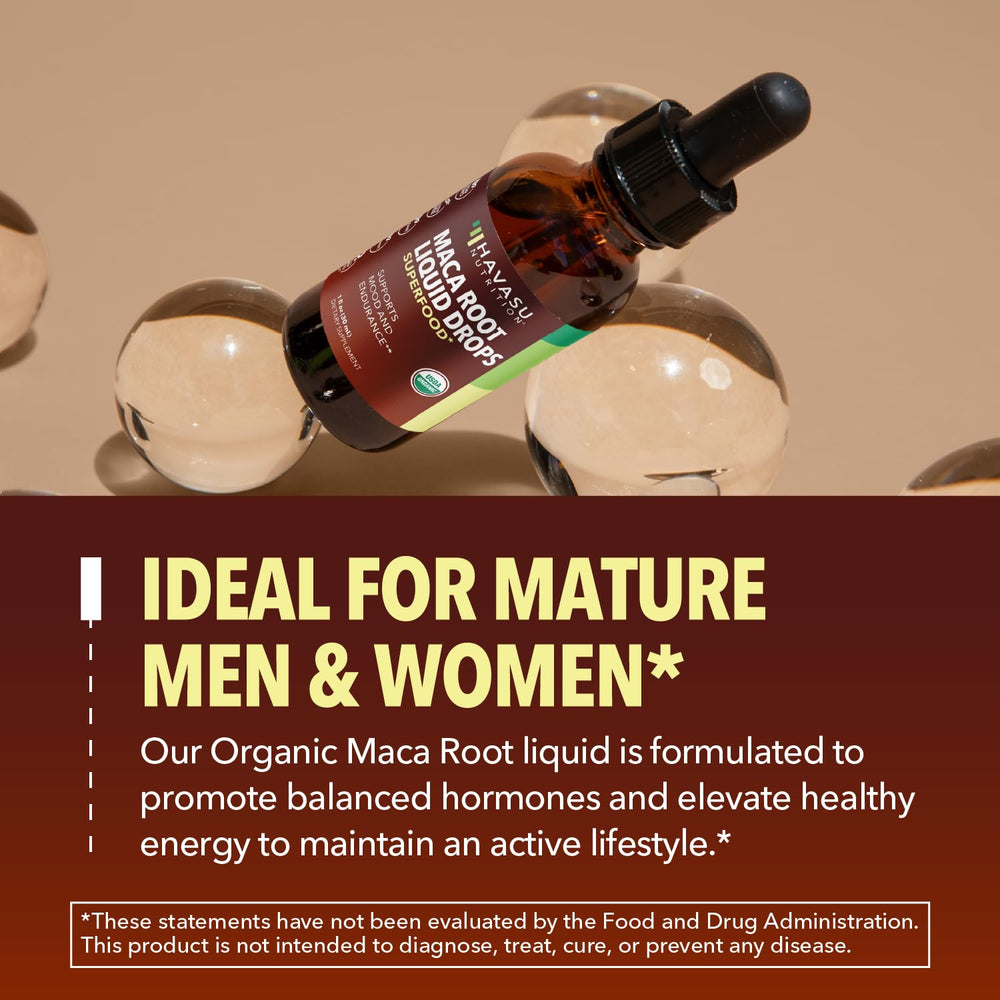 HAVASU NUTRITION Maca Root Liquid Drops closeup of organic ingredients label.