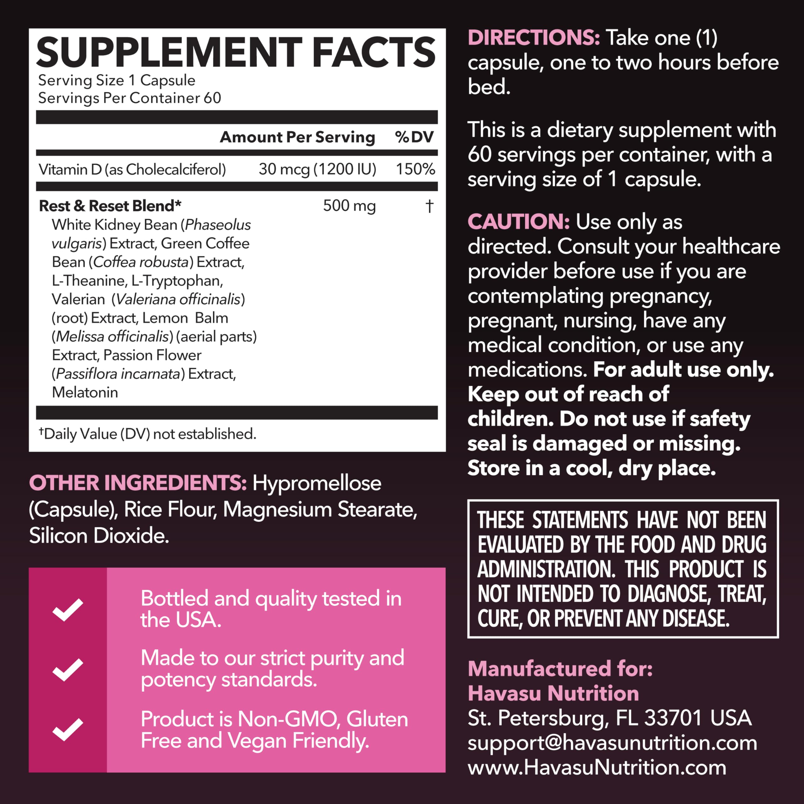 HAVASU Nutrition Night Time Fat Burner capsules closeup shows vegan, non-GMO formula.
