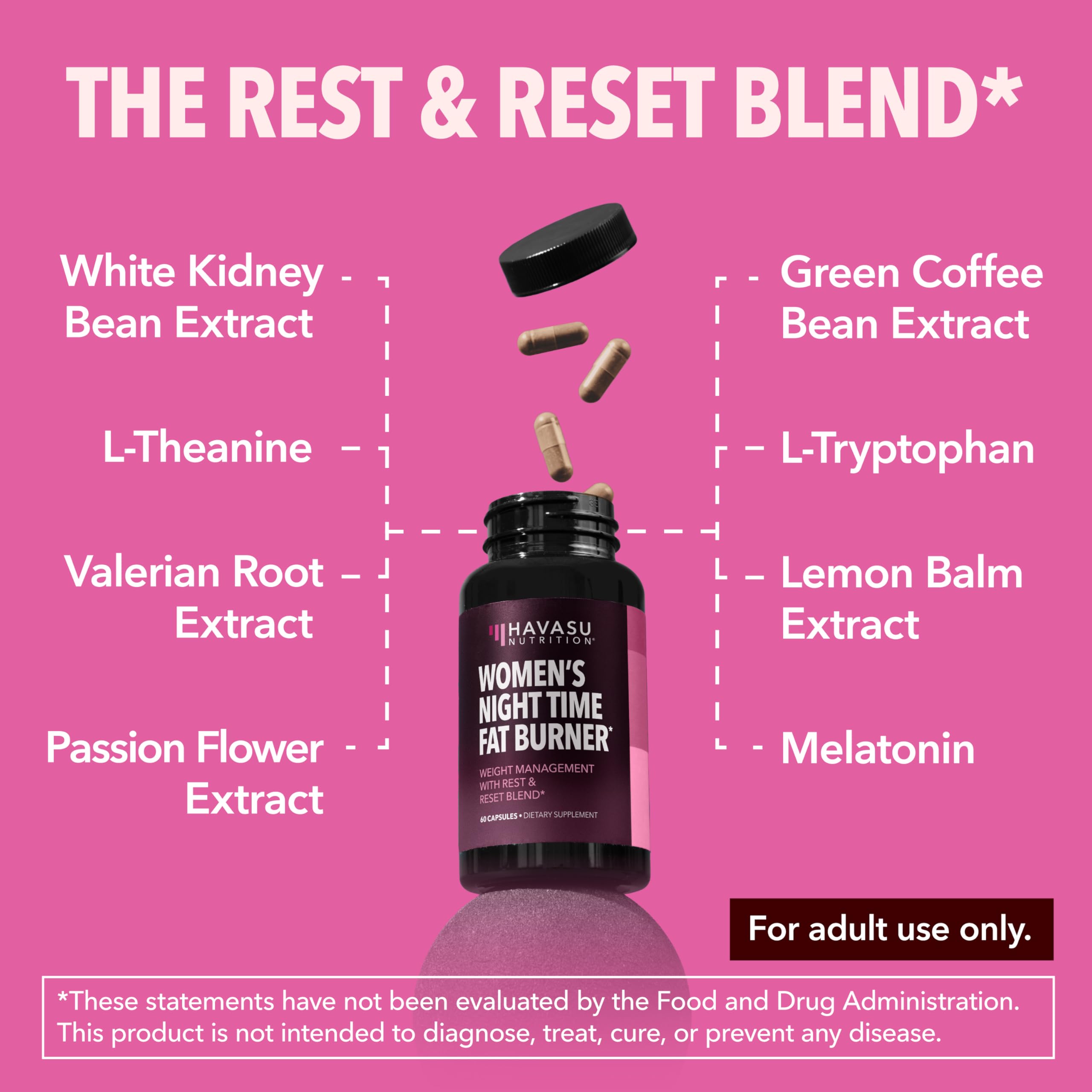 HAVASU Nutrition Night Time Fat Burner in a nighttime desk scene evokes restful sleep.