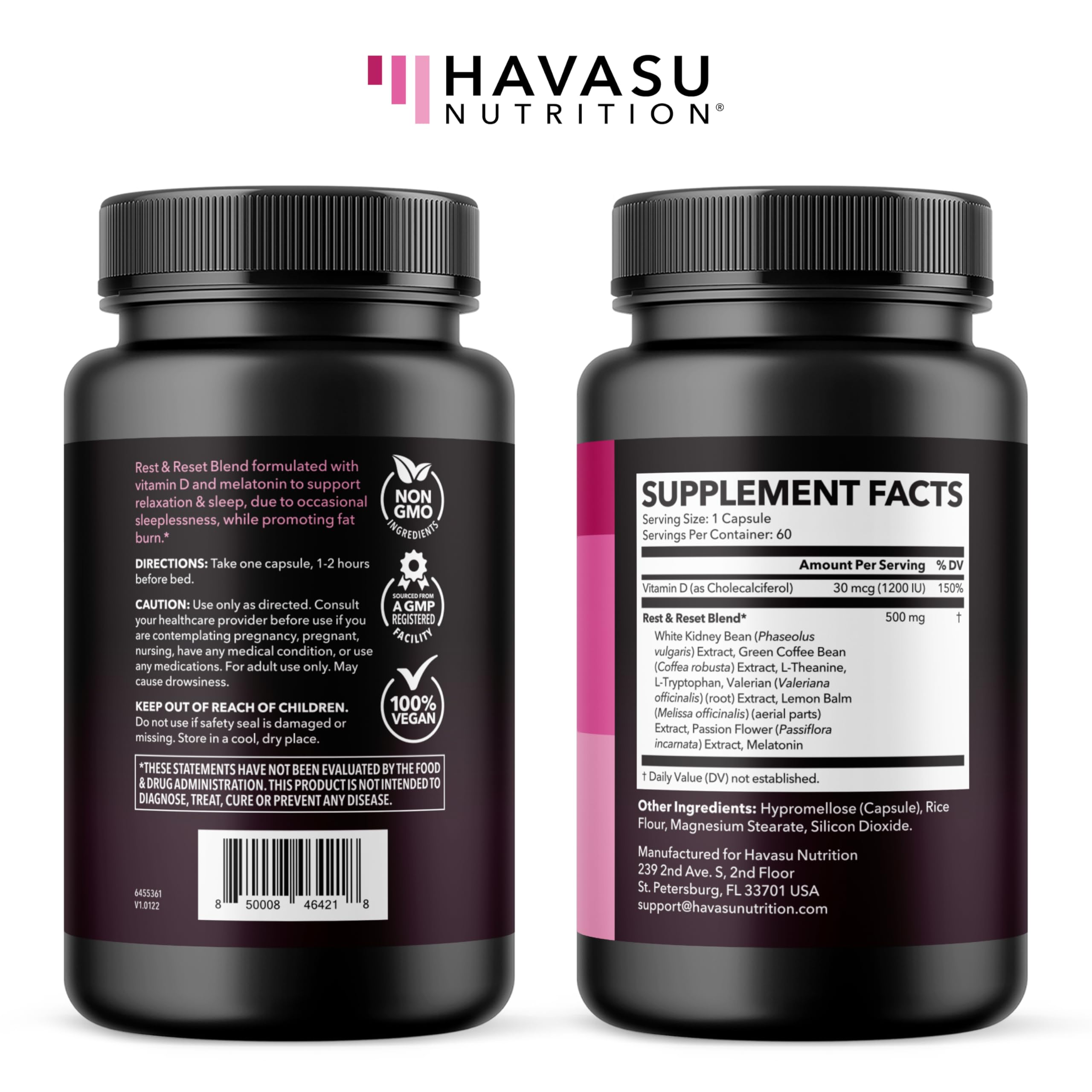HAVASU Nutrition Night Time Fat Burner vegan packaging promotes wellness-minded choices.