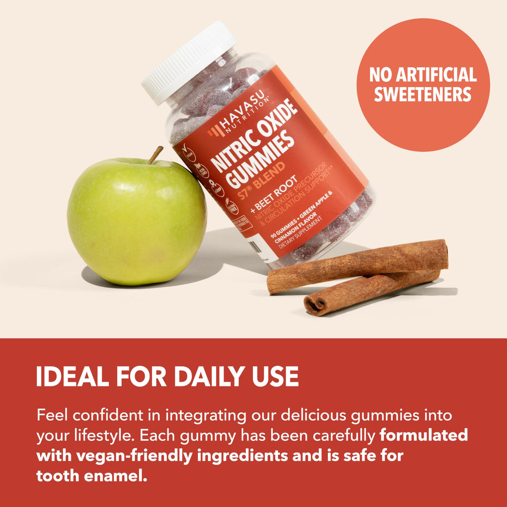 HAVASU NUTRITION nitric oxide gummies before-workout-draw depicts quick daily dosing.