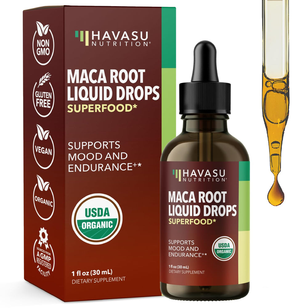 HAVASU NUTRITION Maca Root Liquid Drops bottle for daily energy support.