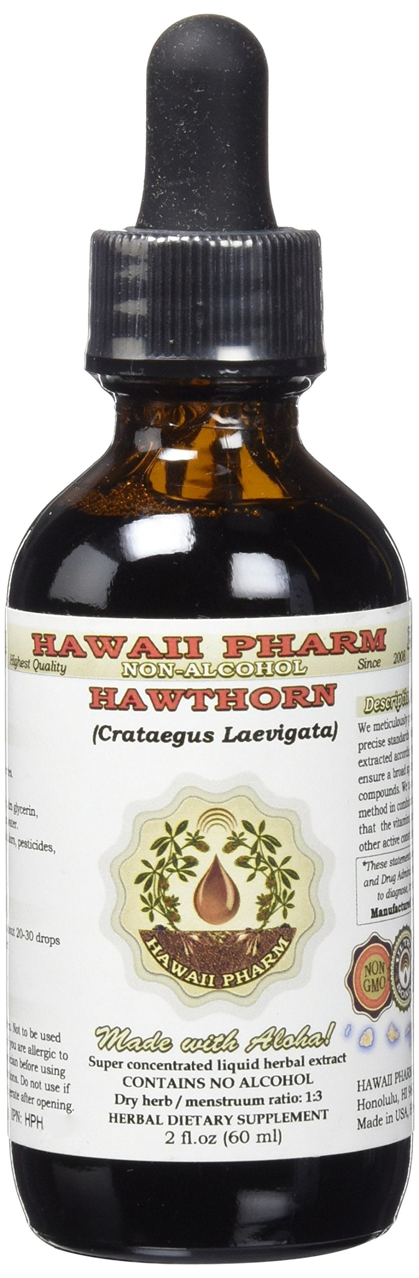 Hawthorn Alcohol-Free Liquid Extract bottle (2 oz) made from organic dried hawthorn berries