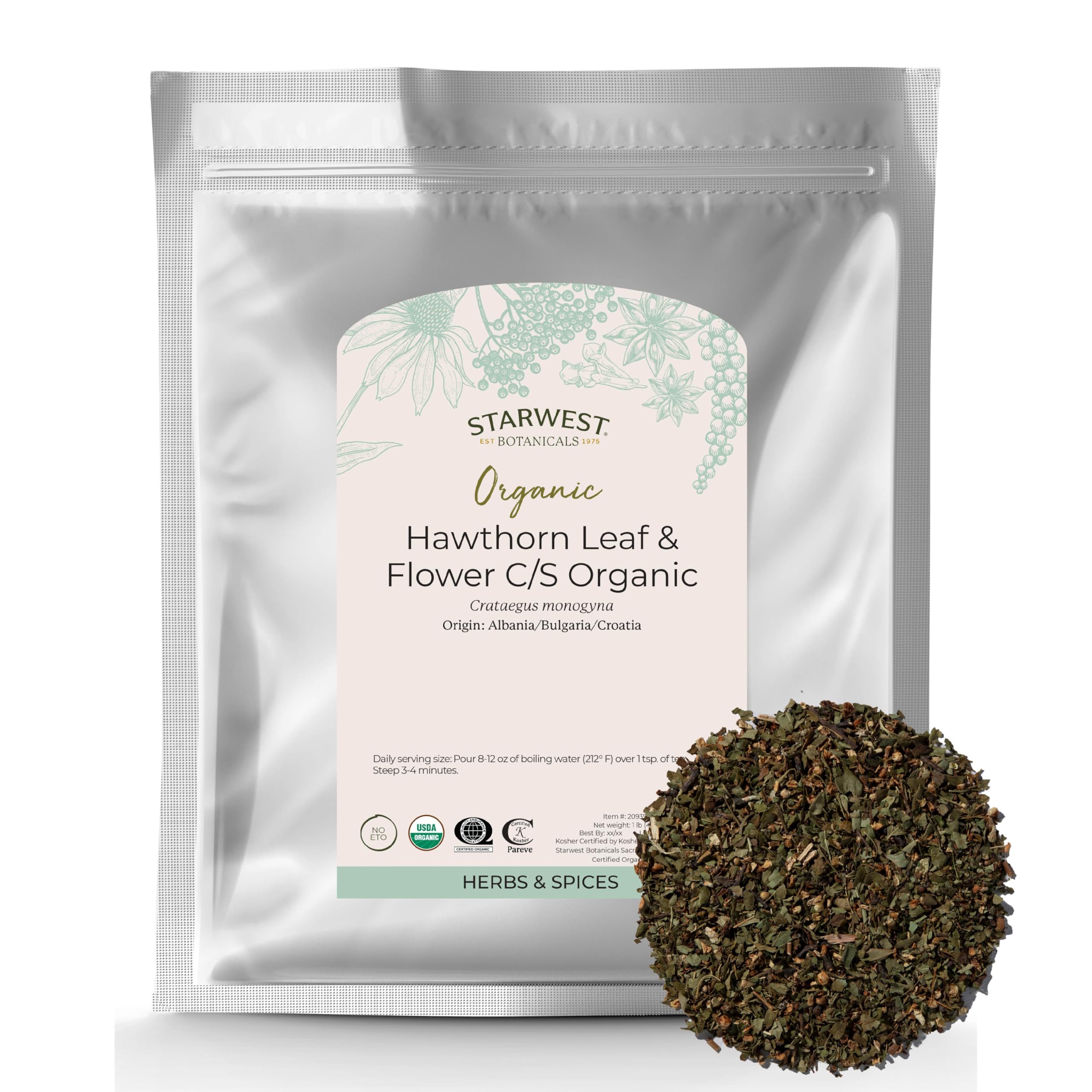 Hawthorn leaf and flower cut and sifted (C/S) - 1 lb in resealable bag