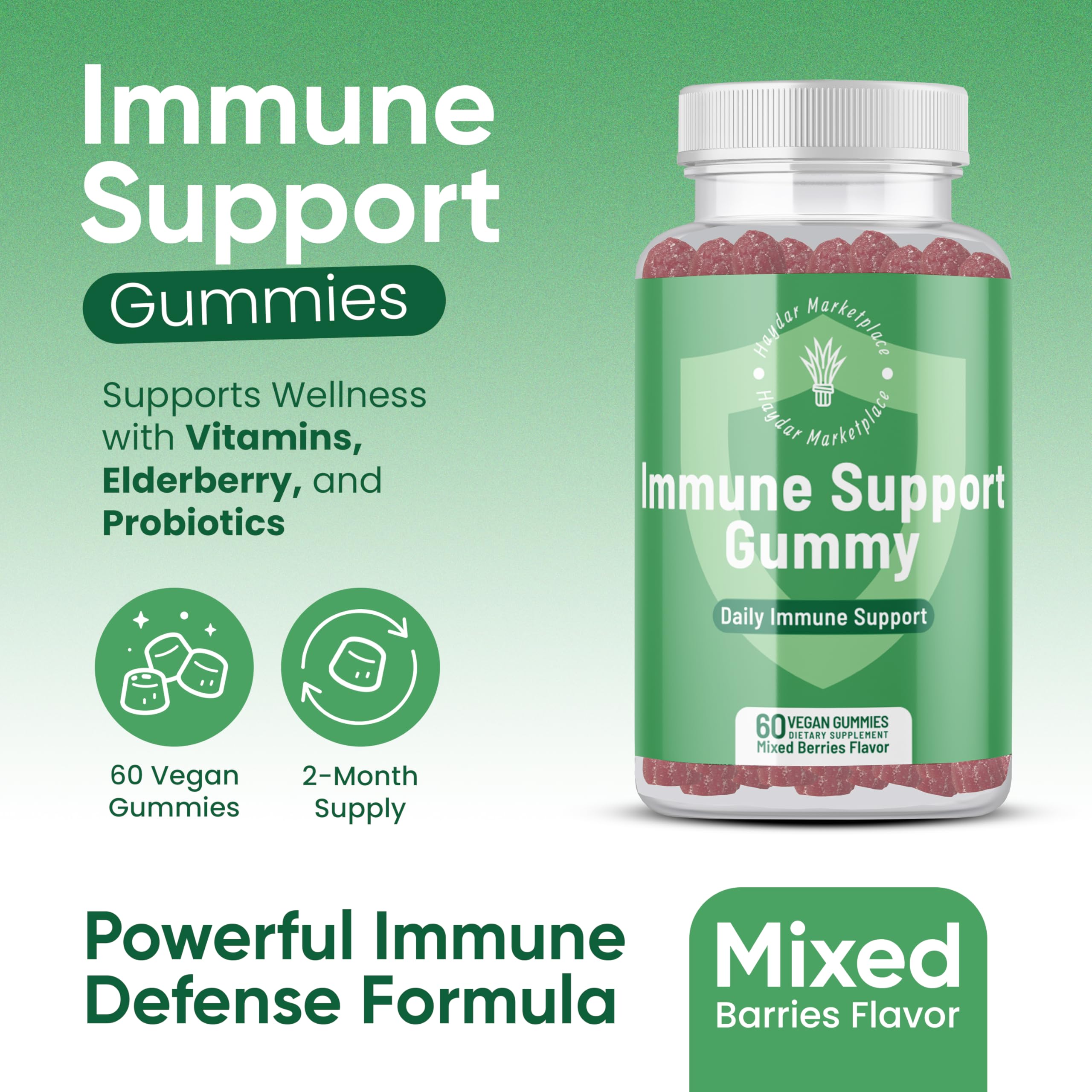 Haydar immune gummies adults bottle close-up showing 60 gummies
