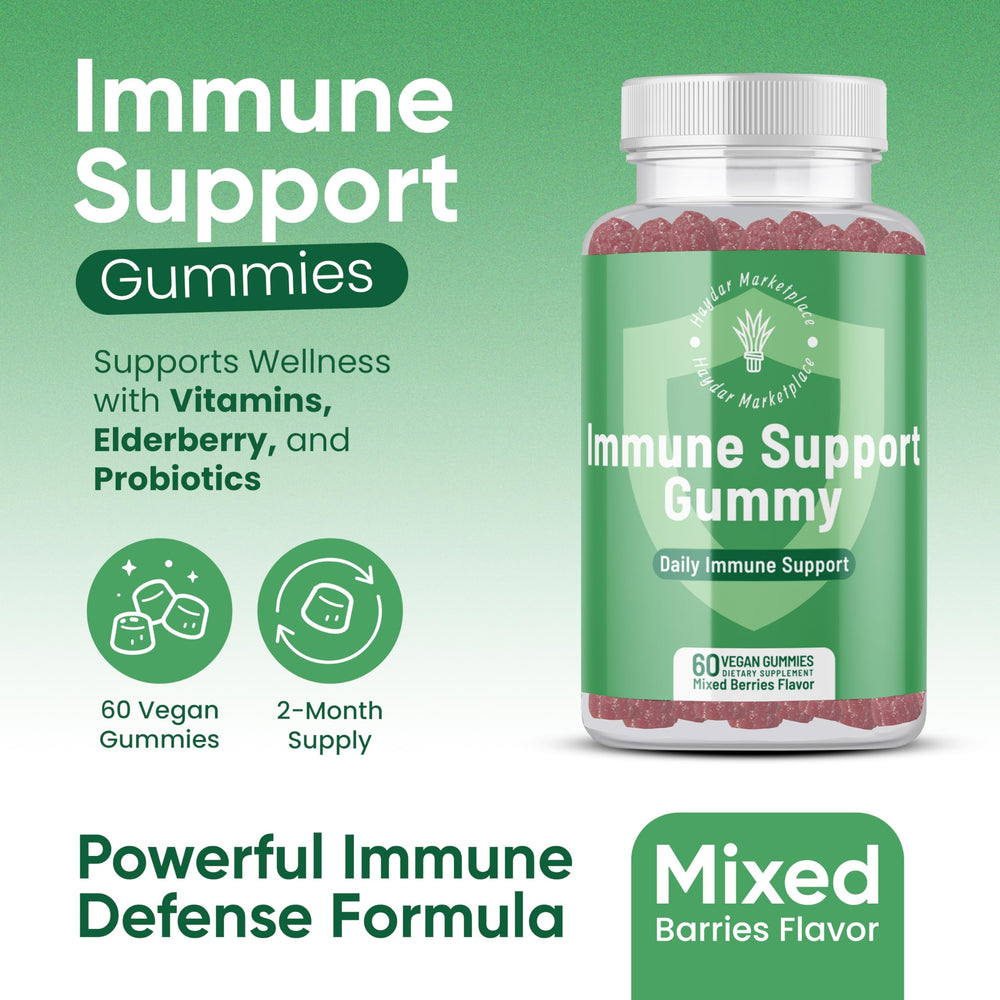 Haydar immune gummies adults bottle close-up showing 60 gummies