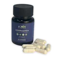 Hazel's Choice Akkermansia Probiotic bottle displaying 30-count label