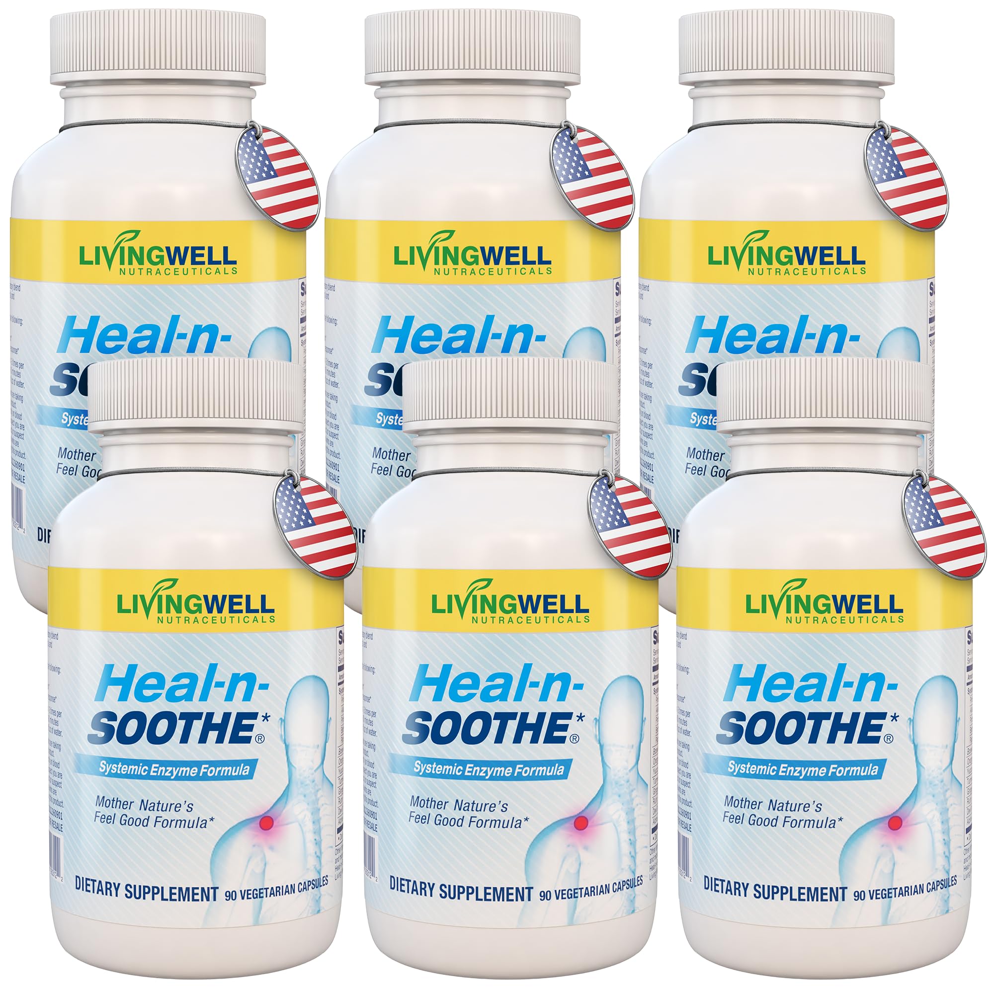 HEAL-N-SOOTHE bottle showing 90 capsules in a 6-pack