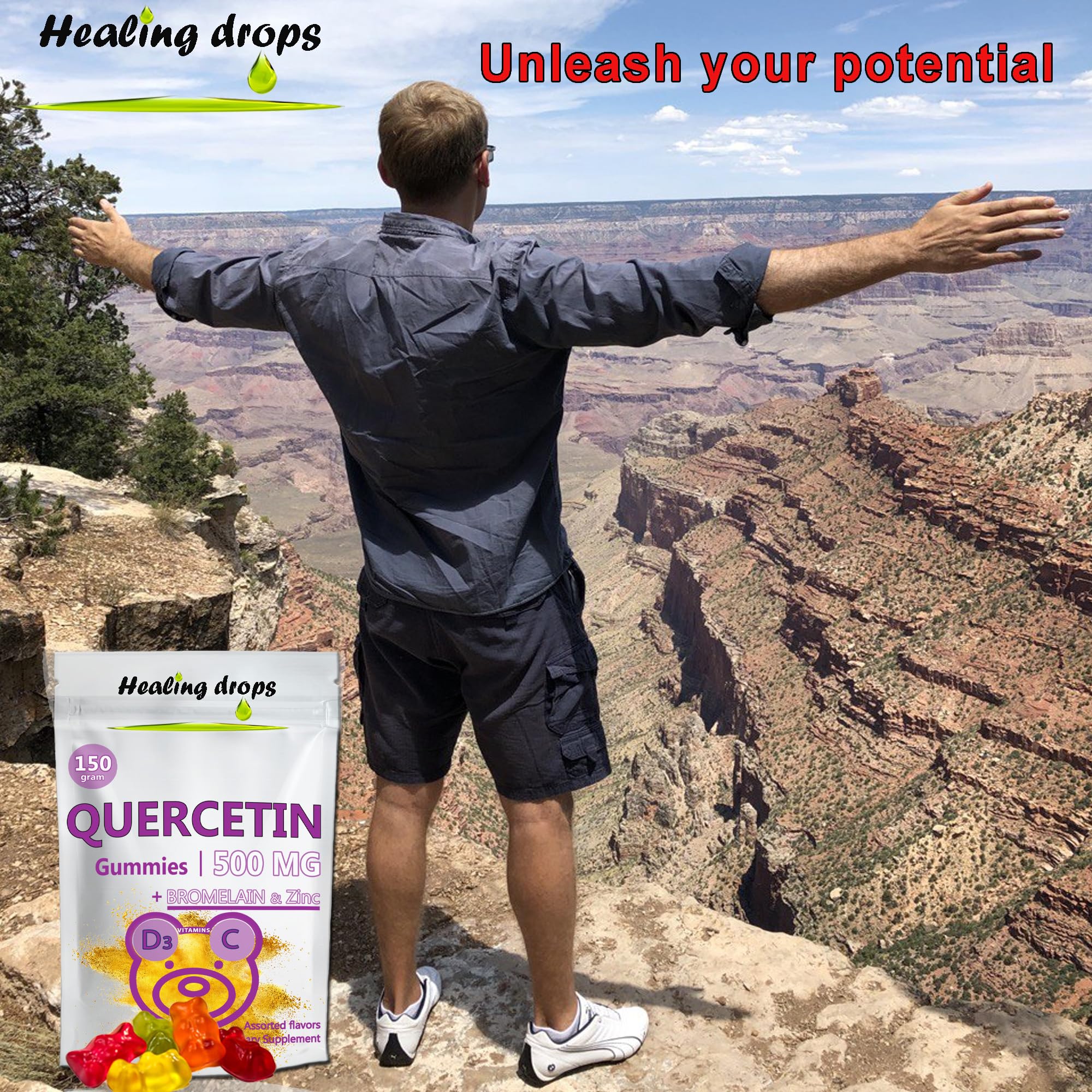 Packshot of HEALING DROPS Quercetin with Bromelain Gummies two packs
