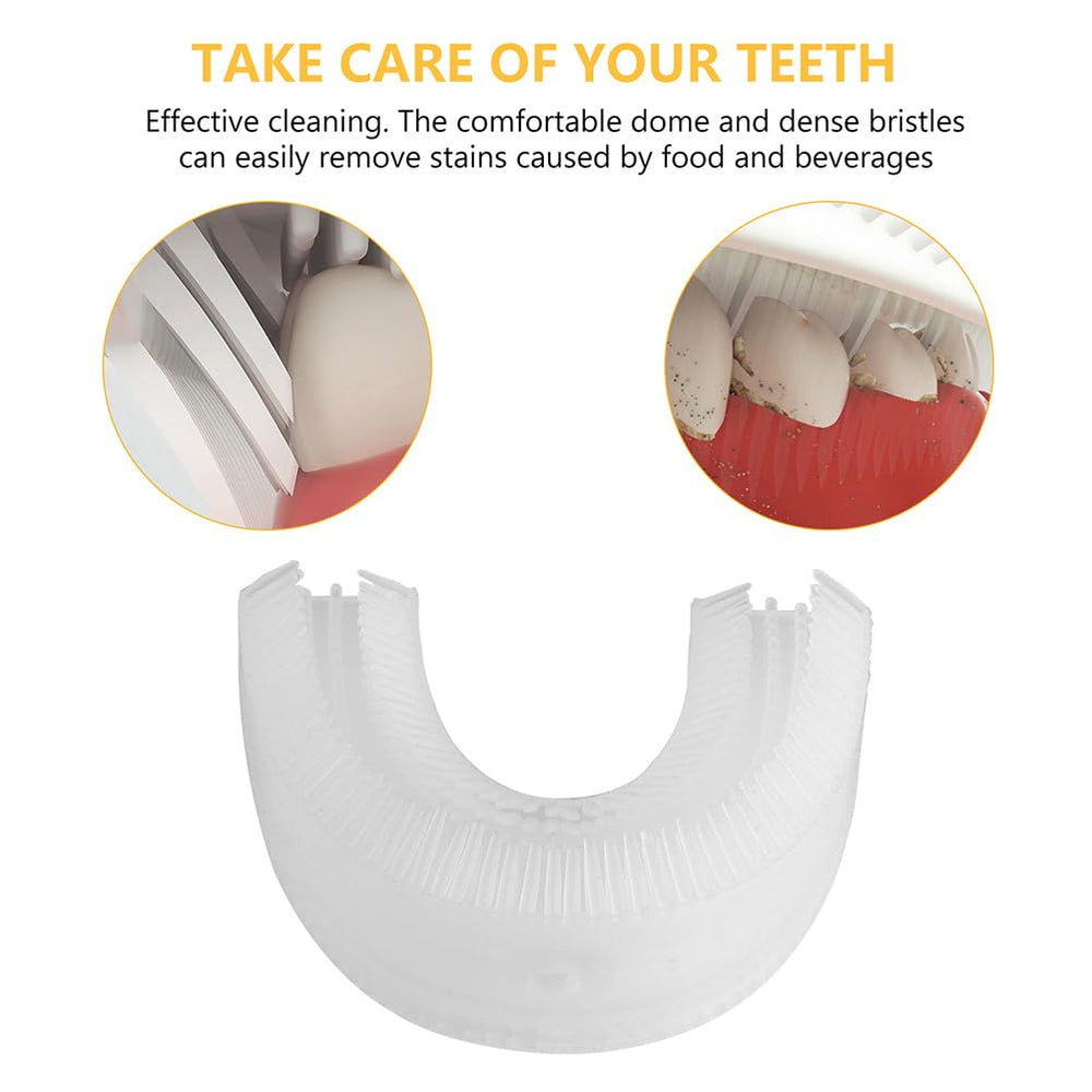Brushing action shows cleaning on tooth surface and between teeth