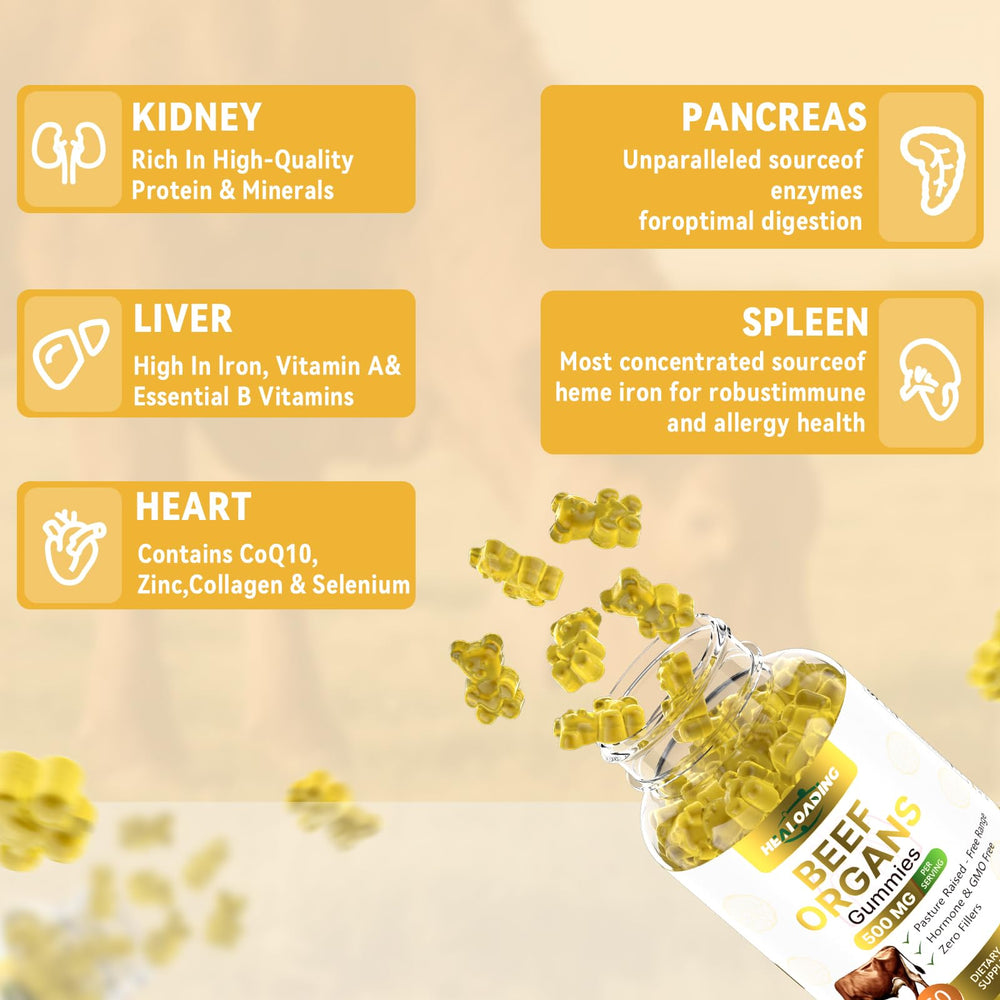 Gummies in a cup next to the HEALOADING packaging