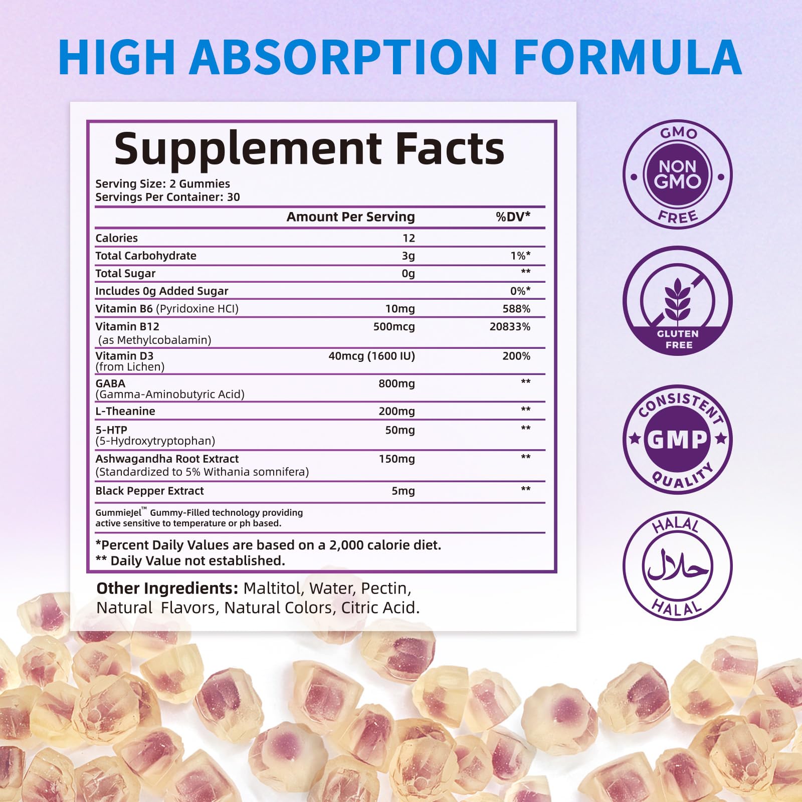 Close-up of GABA gummies with ashwagandha, L-theanine and 5-HTP ingredients
