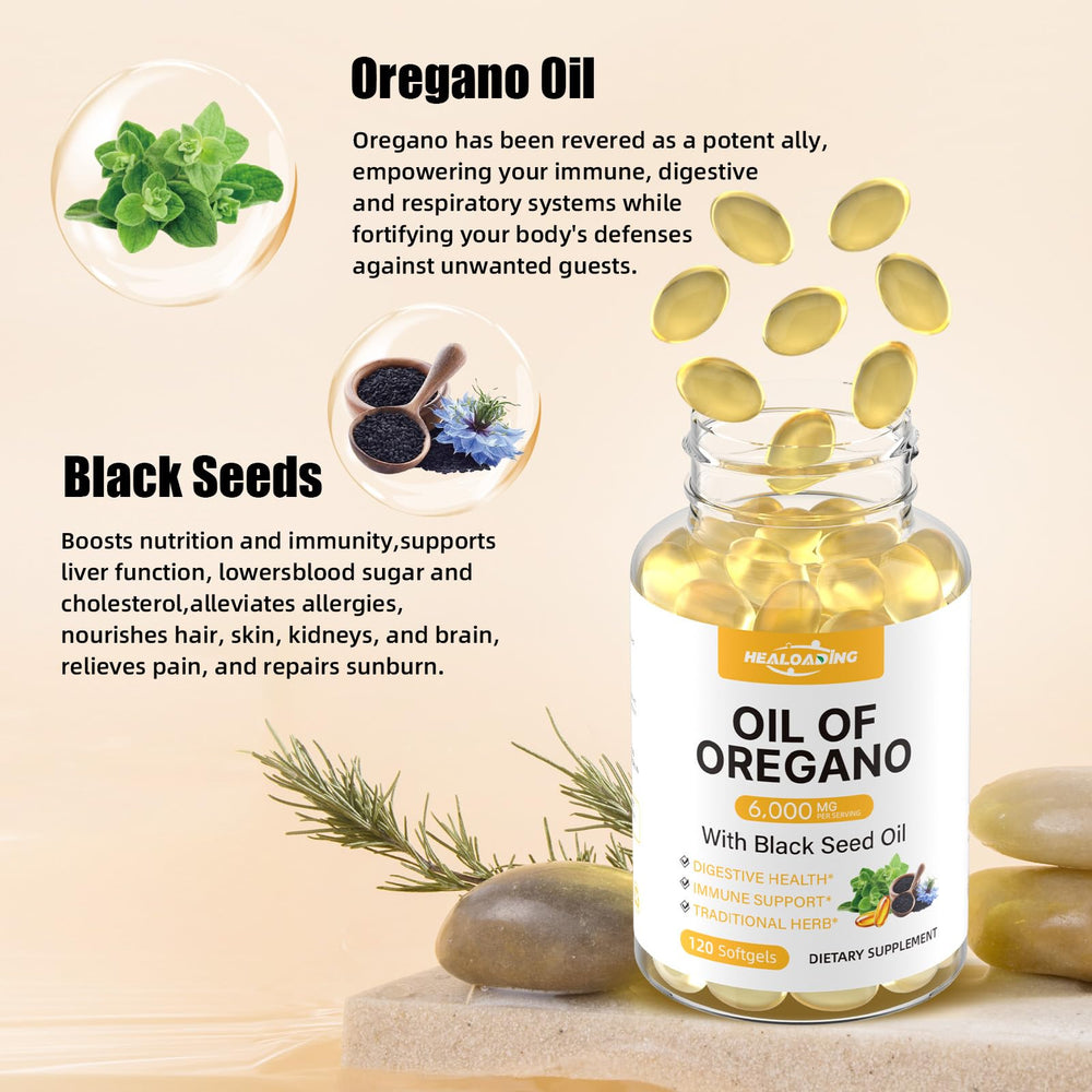 Label showing 300 mg oregano oil and 200 mg black seed oil