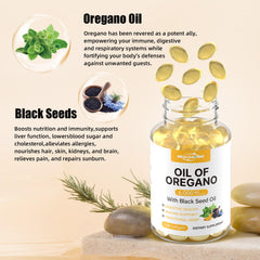 Label showing 300 mg oregano oil and 200 mg black seed oil