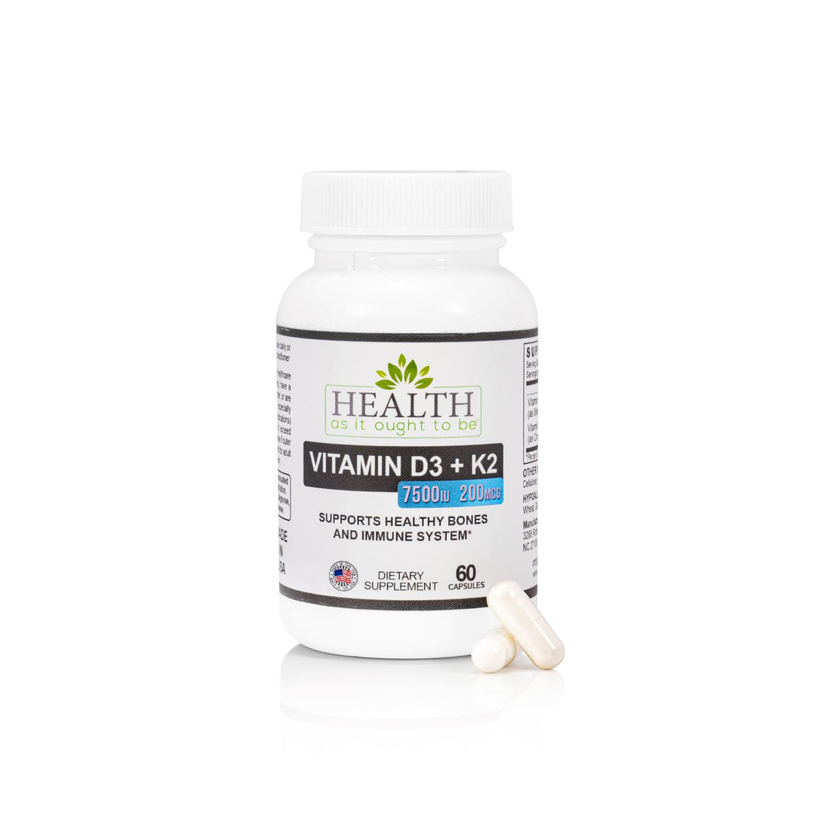 Health As It Ought To Be Vitamin D3+K2 supplement bottle (60 capsules) - hero image