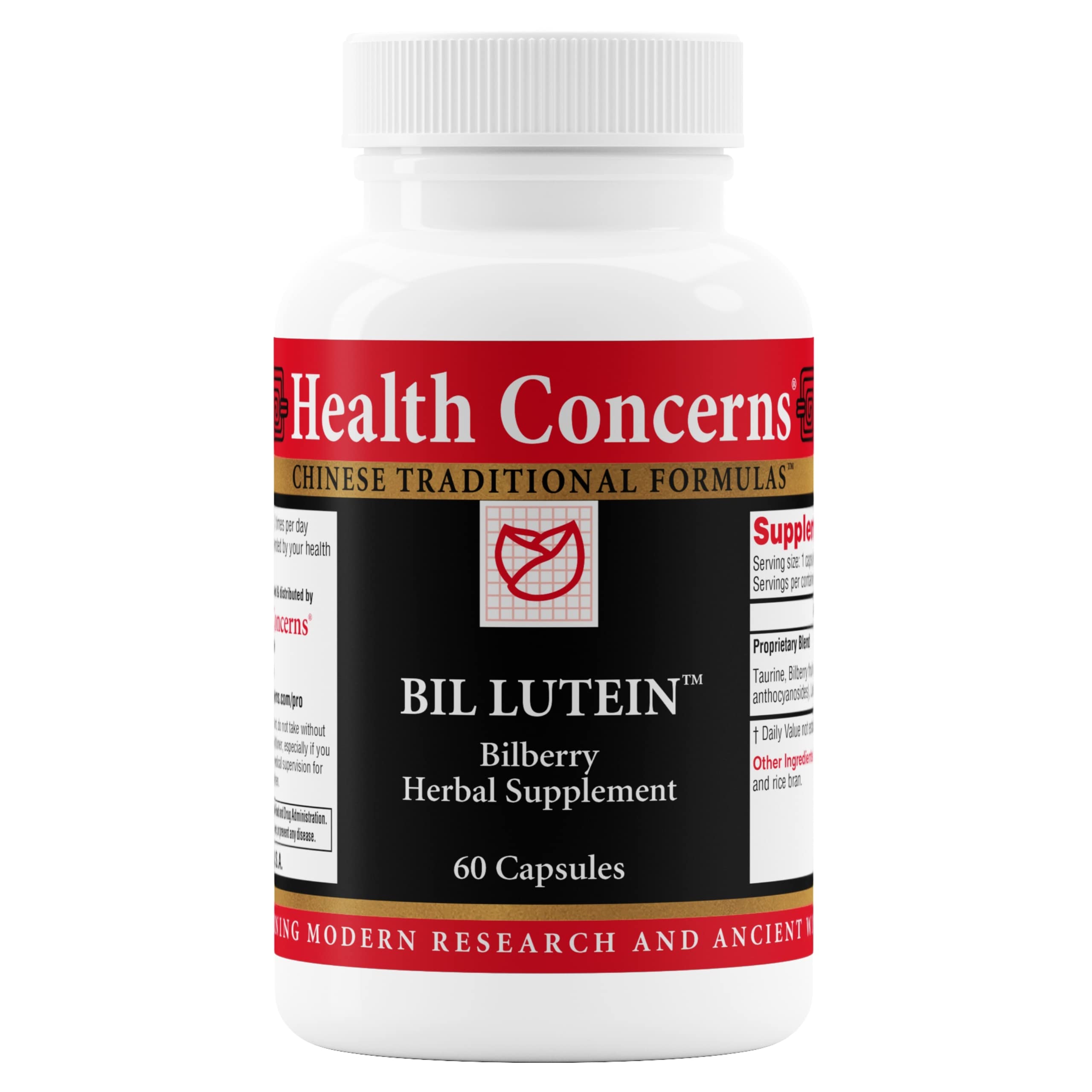 Health Concerns Bil Lutein bottle label showing Eye Health & Vision Support