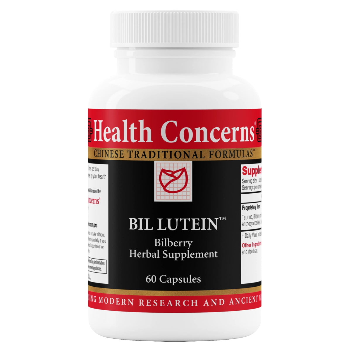 Health Concerns Bil Lutein bottle label showing Eye Health & Vision Support