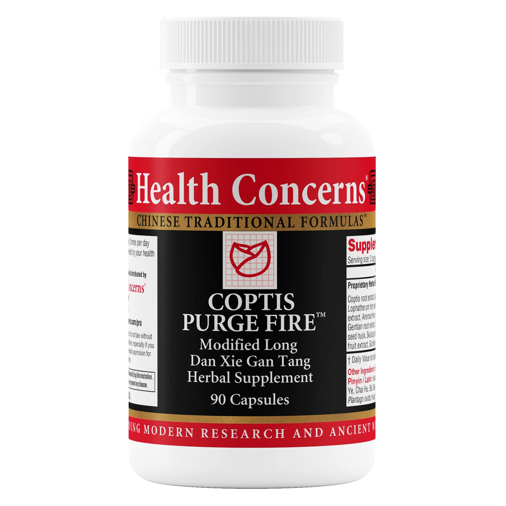 Front view of Health Concerns Coptis Purge Fire Formula bottle.