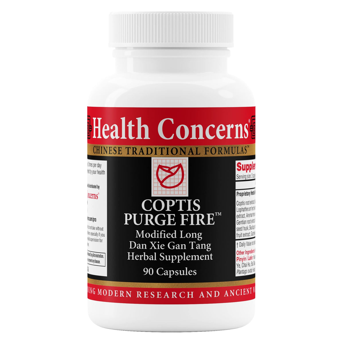 Front view of Health Concerns Coptis Purge Fire Formula bottle.
