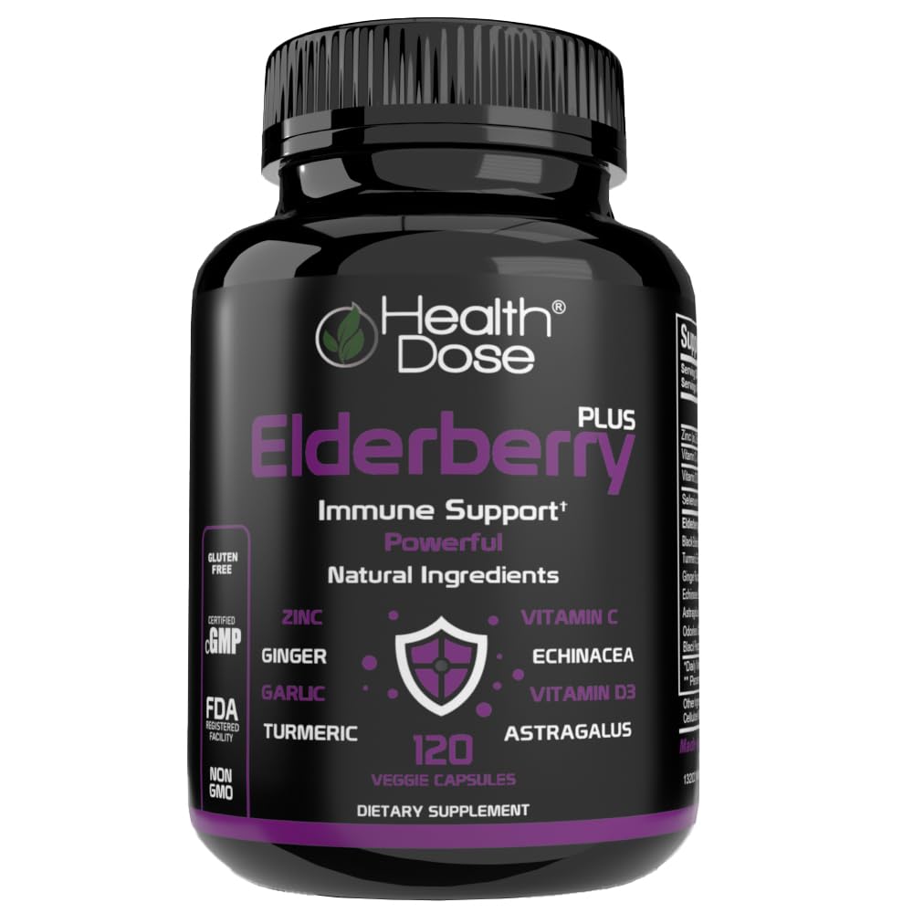 Health Dose Elderberry Plus bottle with front label