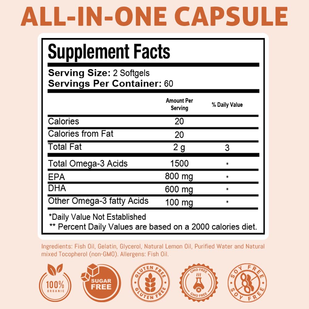 Nutrition facts and ingredients label for Health Dose Omega-3 Lemon Softgels
