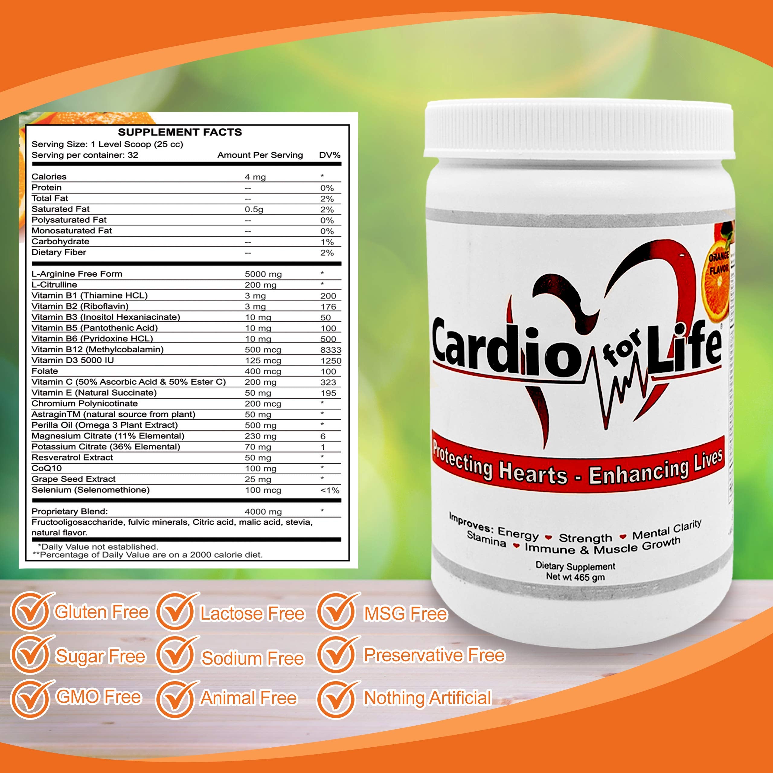 Cardio for Life L-Arginine powder tub packaging orange