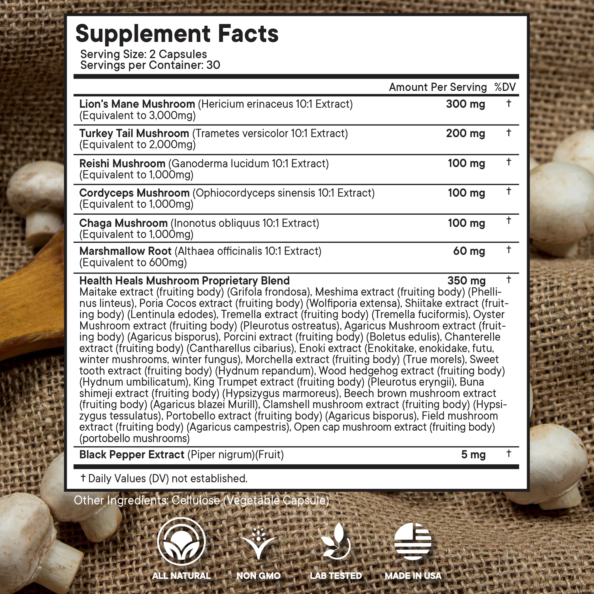 Health Heals Mushroom Supplement bottle close-up