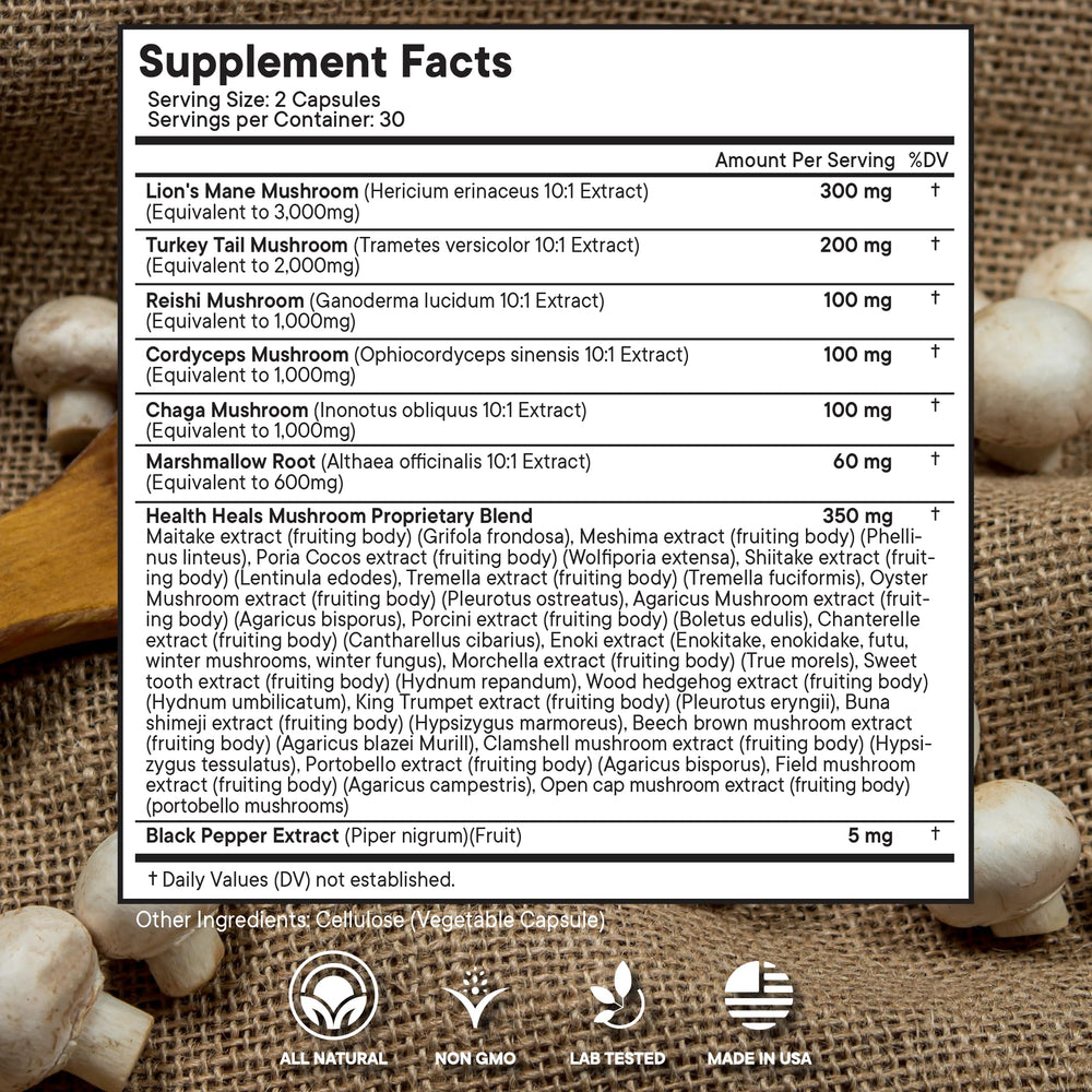 Health Heals Mushroom Supplement bottle close-up