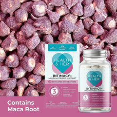 Front view of 60-count Health & Her Intimacy+ bottle