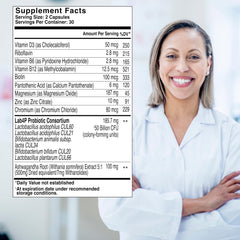 Close-up of Health & Her Probiotics bottle with 60-count