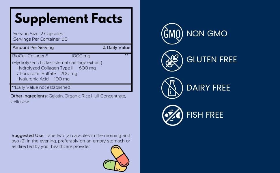 Capsules and product packaging of Health Logics BioCell Collagen 120 capsules