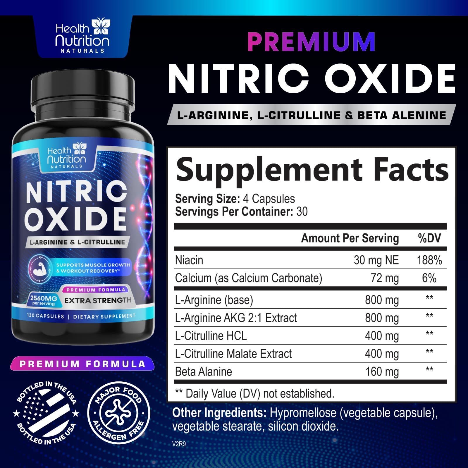 Health Nutrition Naturals Nitric Oxide Booster capsules-closeup shows high-strength formula