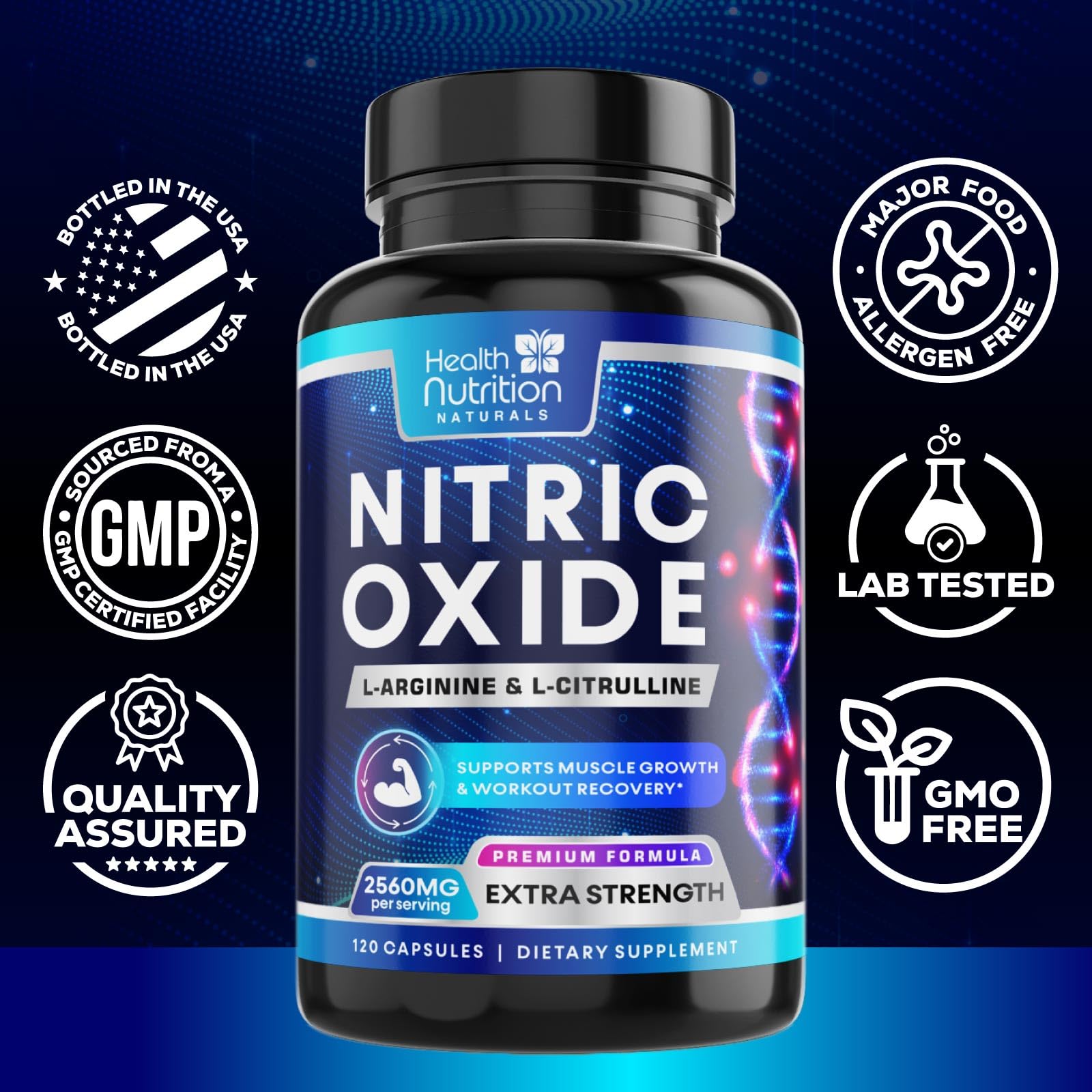 Health Nutrition Naturals Nitric Oxide Booster USA-bottled seal signals quality