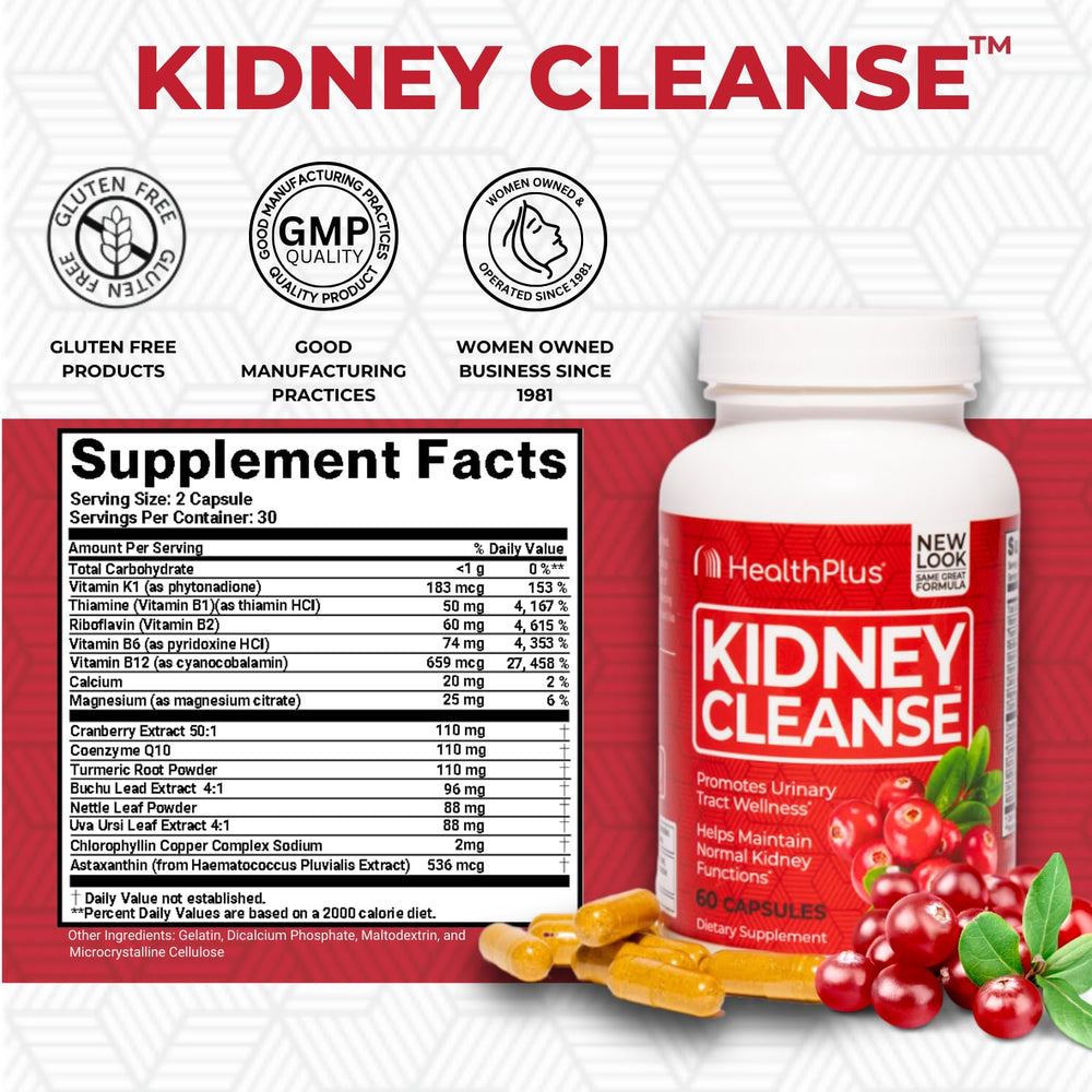 Health Plus Advanced Kidney Cleanse capsules with cranberry extract highlight antioxidant support.