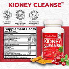 Health Plus Advanced Kidney Cleanse capsules with cranberry extract highlight antioxidant support.