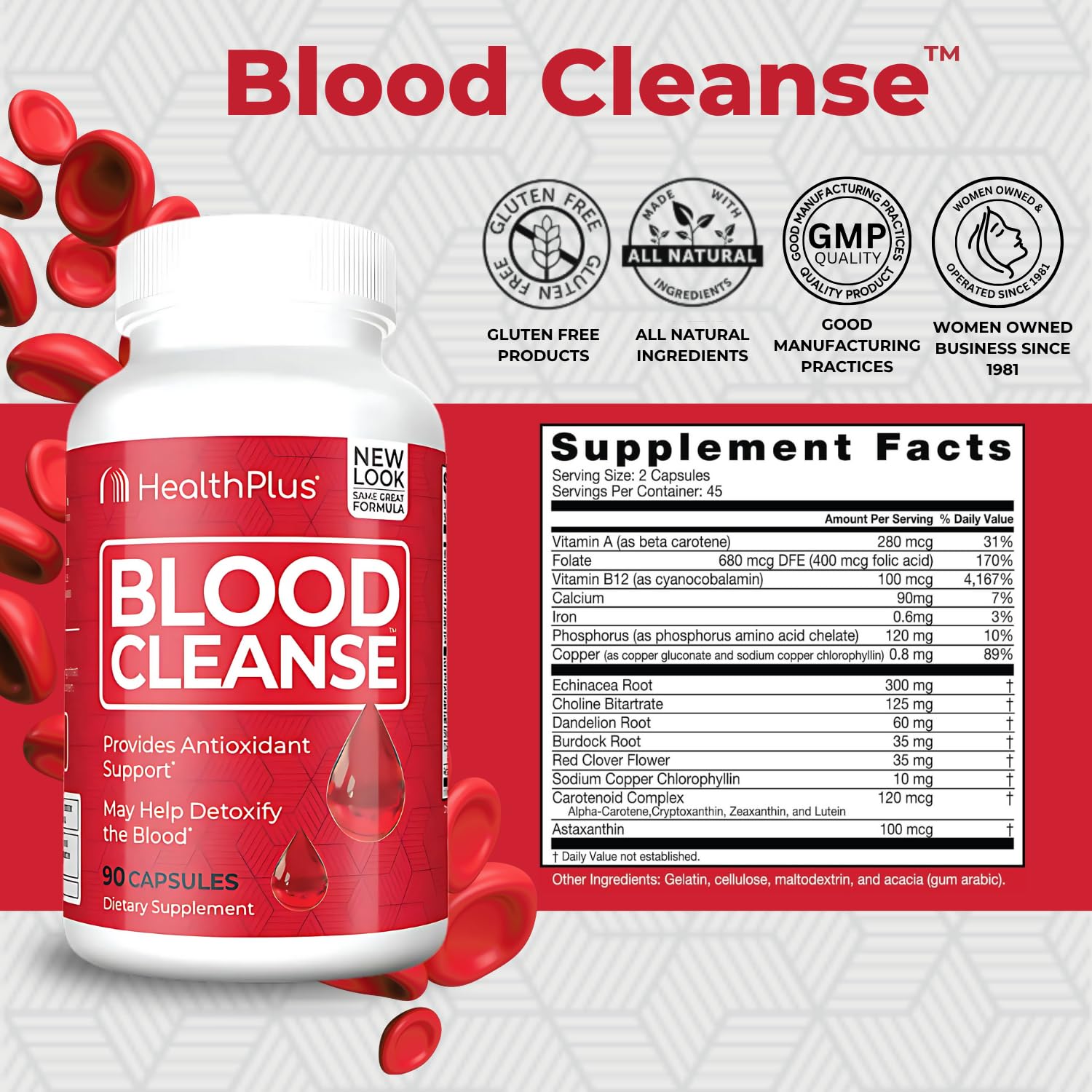 Close-up of Health Plus Blood Cleanse bottle showing 90 capsules