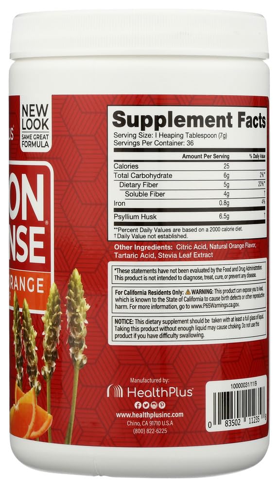 Health Plus Colon Cleanse Orange packaging shown with nine-ounce bottle illustrating serving size for digestive support routine.