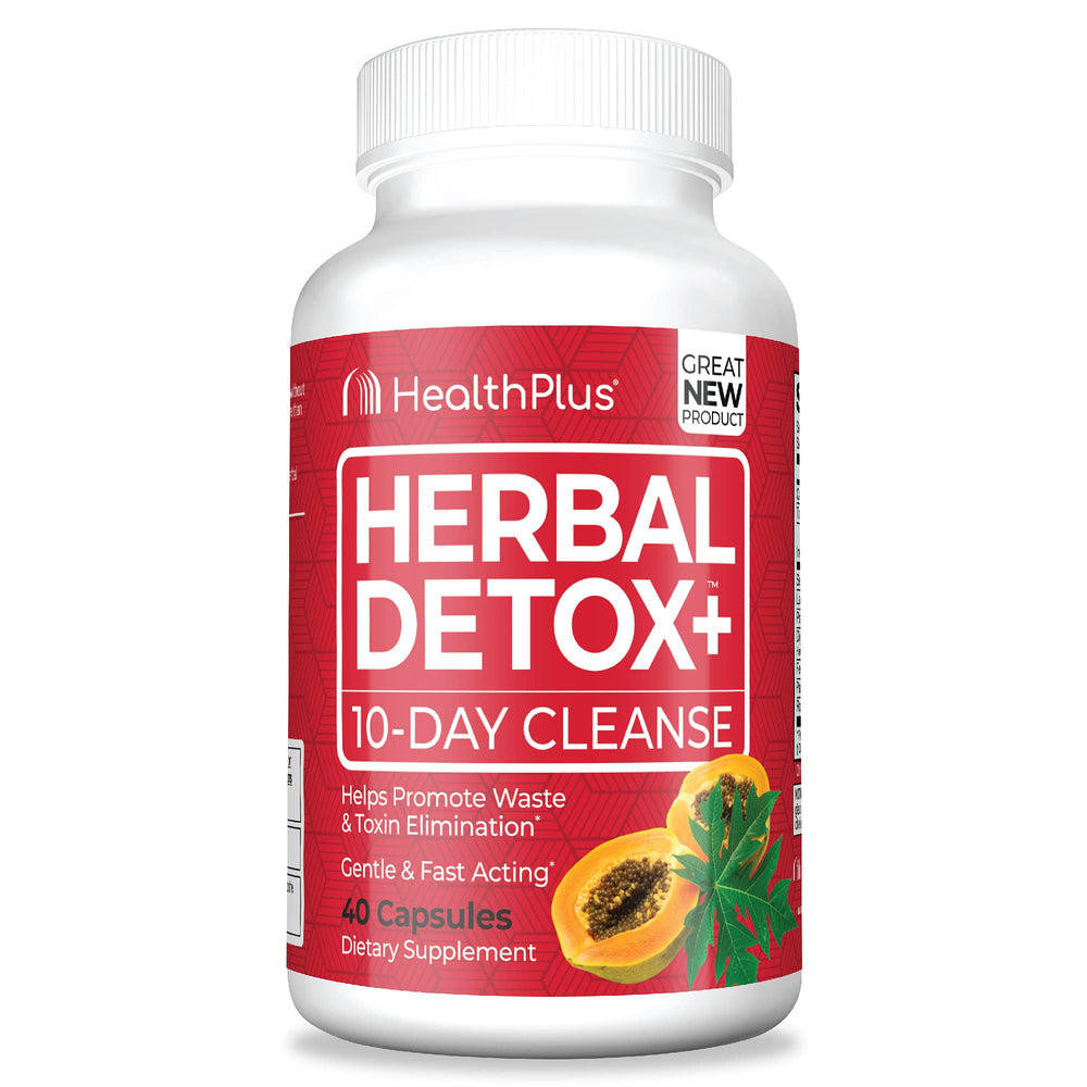 Health Plus Herbal Detox+ bottle-front suggests a gentle 10-day cleanse option.