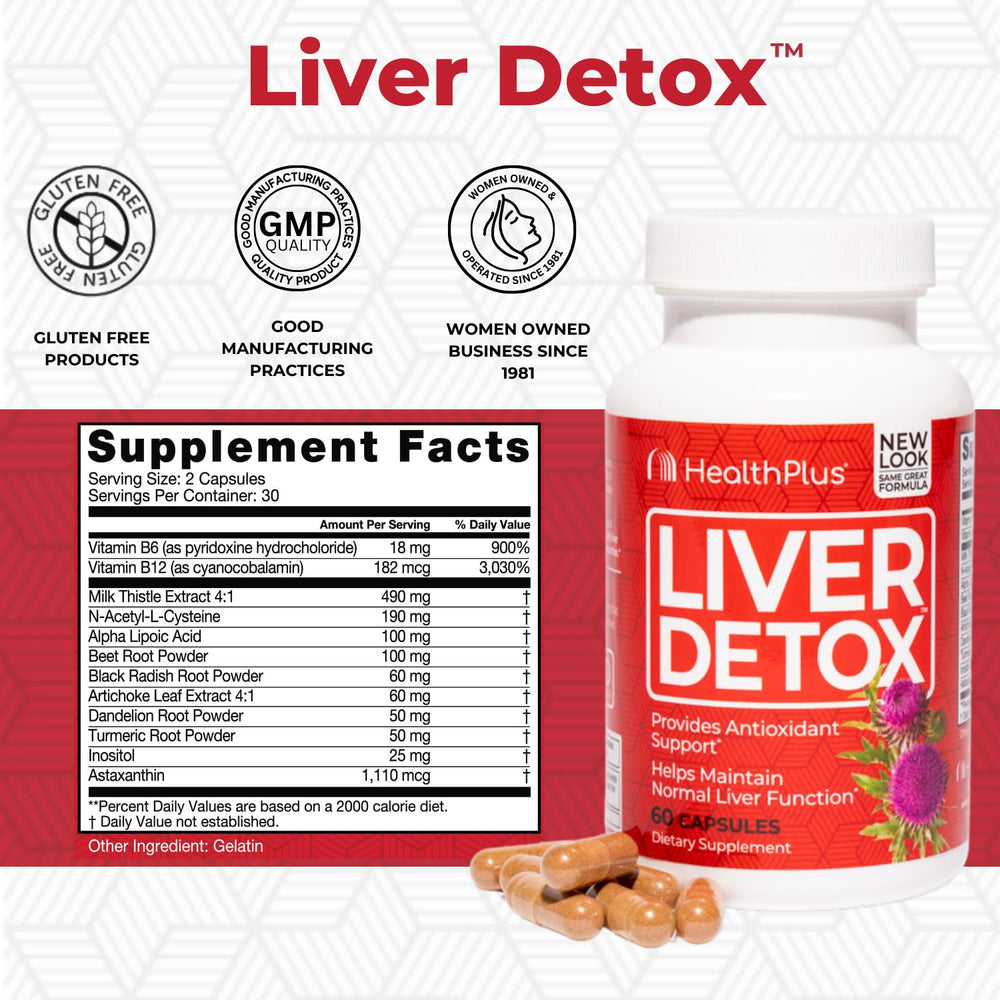 Health Plus Liver Detox bottle label highlights gluten-free and dairy-free features for clean living