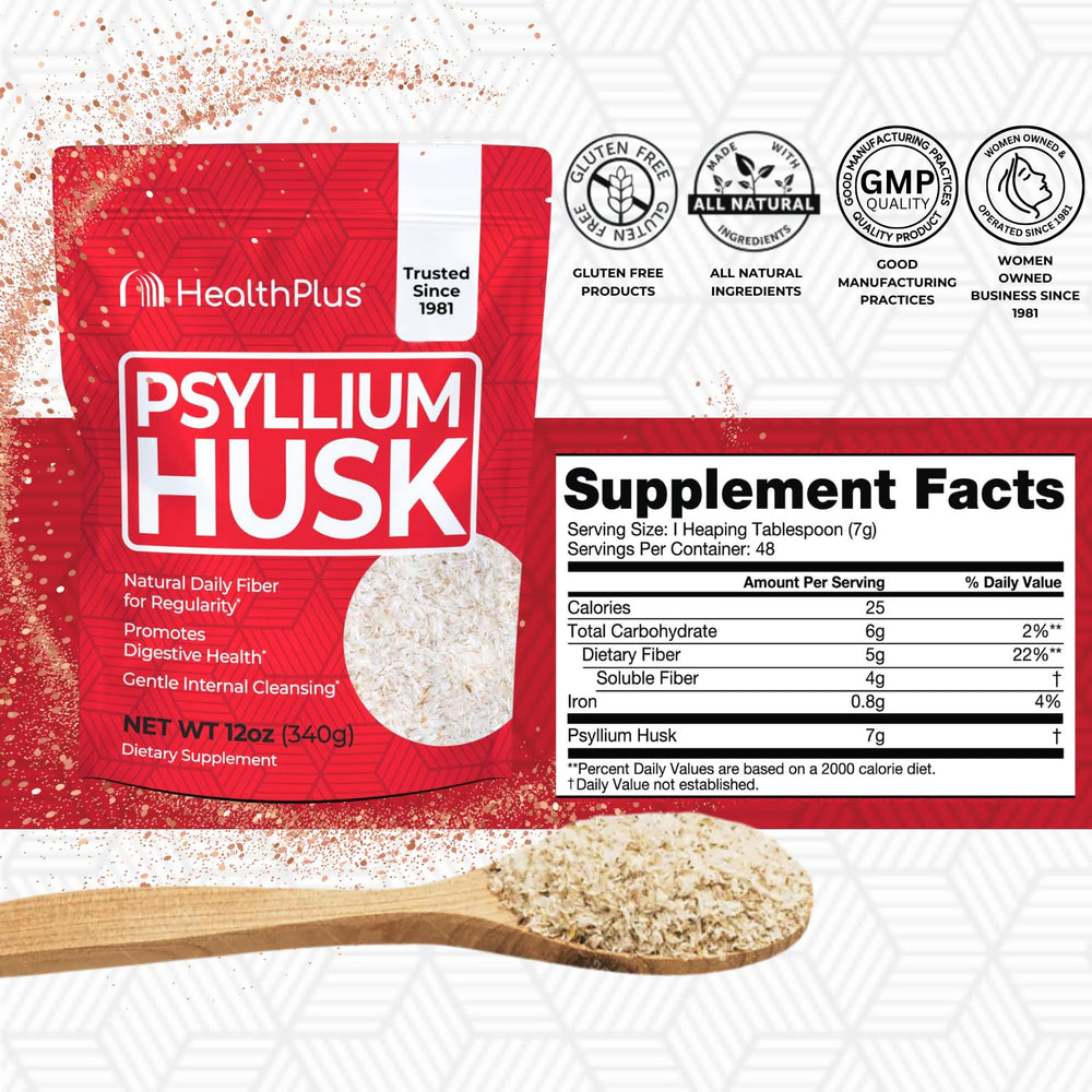 Health Plus Psyllium Husk 12 oz bottle label close-up