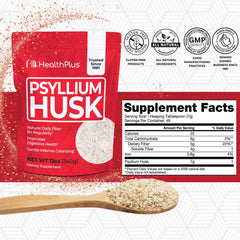 Health Plus Psyllium Husk 12 oz bottle label close-up